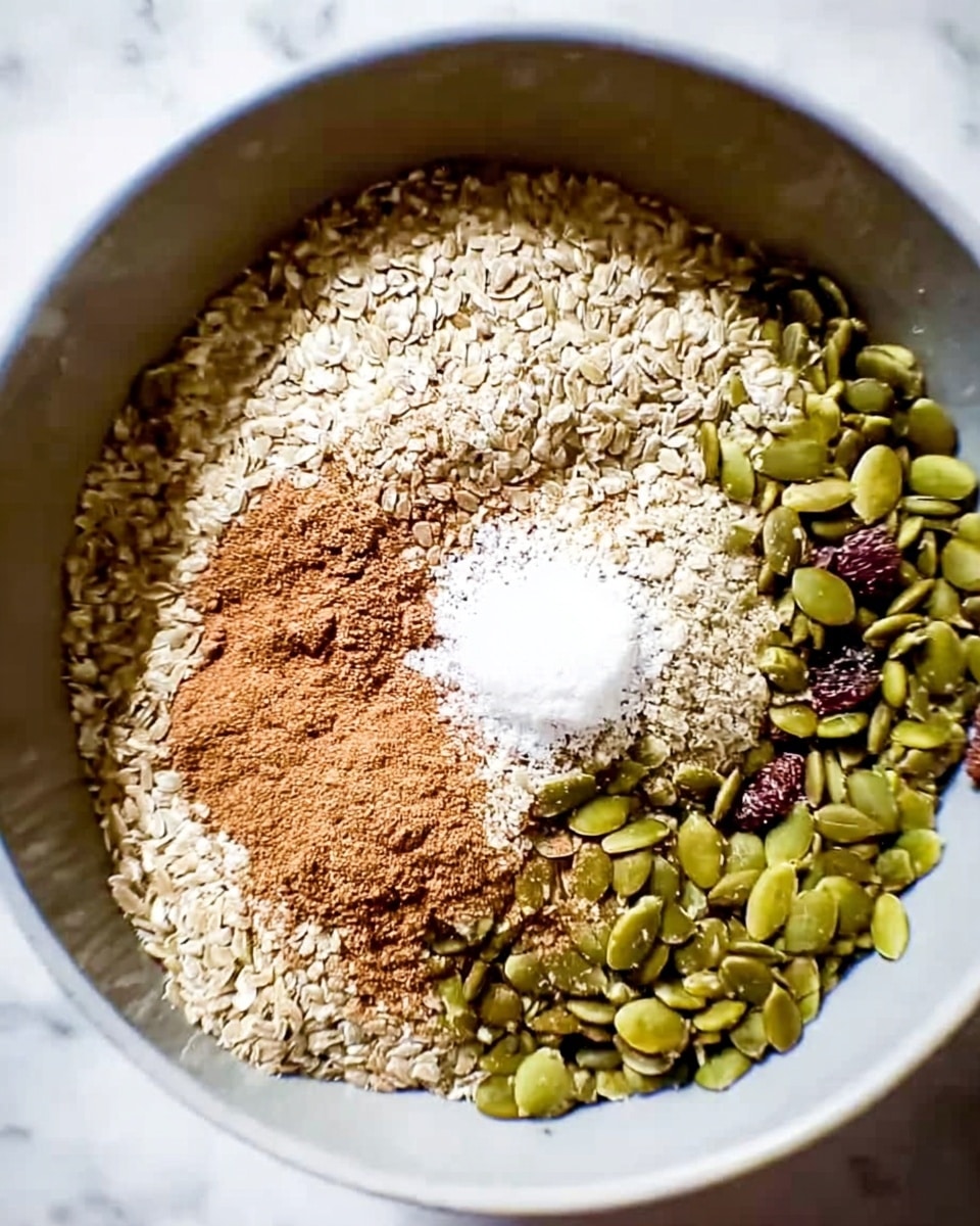 A white bowl filled with a mix of ingredients in layers, starting with a base of green pumpkin seeds on the right side. On top of and beside the seeds, there is a pile of light beige ground flax seeds covering part of the bowl. Near the center, a small mound of fine white salt sits on the flax seeds, surrounded by a sprinkling of light brown cinnamon powder, dusting the flax and pumpkin seeds lightly. The inside of the bowl is white, and it rests on a white marbled surface. Photo taken with an iphone --ar 4:5 --v 7