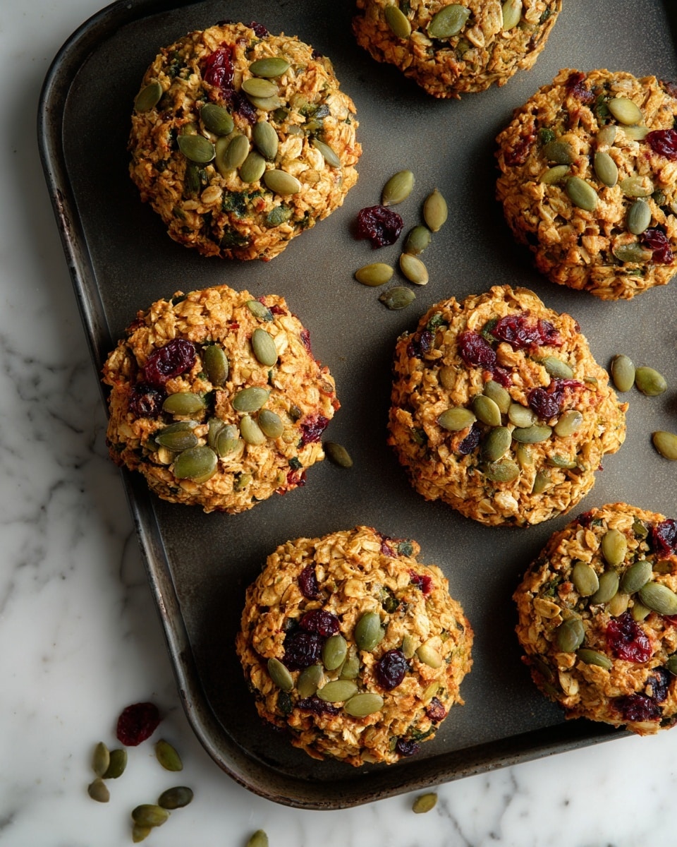 The image shows six round cookies on a dark baking tray resting on a white marbled surface. Each cookie has a rough texture with visible oats, pumpkin seeds, and dark dried fruit pieces embedded throughout. The cookies are golden brown, with green seeds and deep red dried fruit scattered on top and mixed inside. Some pumpkin seeds are also placed loosely on the tray. The cookies have a chunky, uneven surface with a natural, homemade look. Photo taken with an iphone --ar 4:5 --v 7