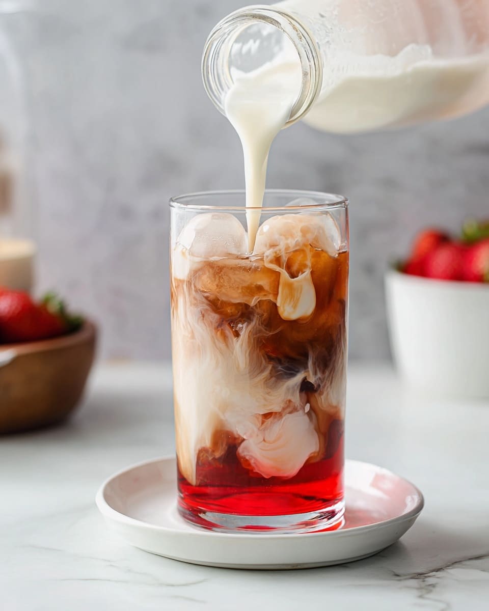 A clear glass filled with ice cubes contains three visible layers: the bottom layer is bright red and translucent, the middle layer is light brown mixing and swirling with creamy white milk being poured from a glass bottle held by a woman's hand above, creating soft wispy patterns, and the top layer is mostly white milk blending into the ice. The glass sits on a white saucer, all placed on a white marbled surface. In the background, there are blurred objects, including a bowl with strawberries and a white container. Photo taken with an iphone --ar 4:5 --v 7