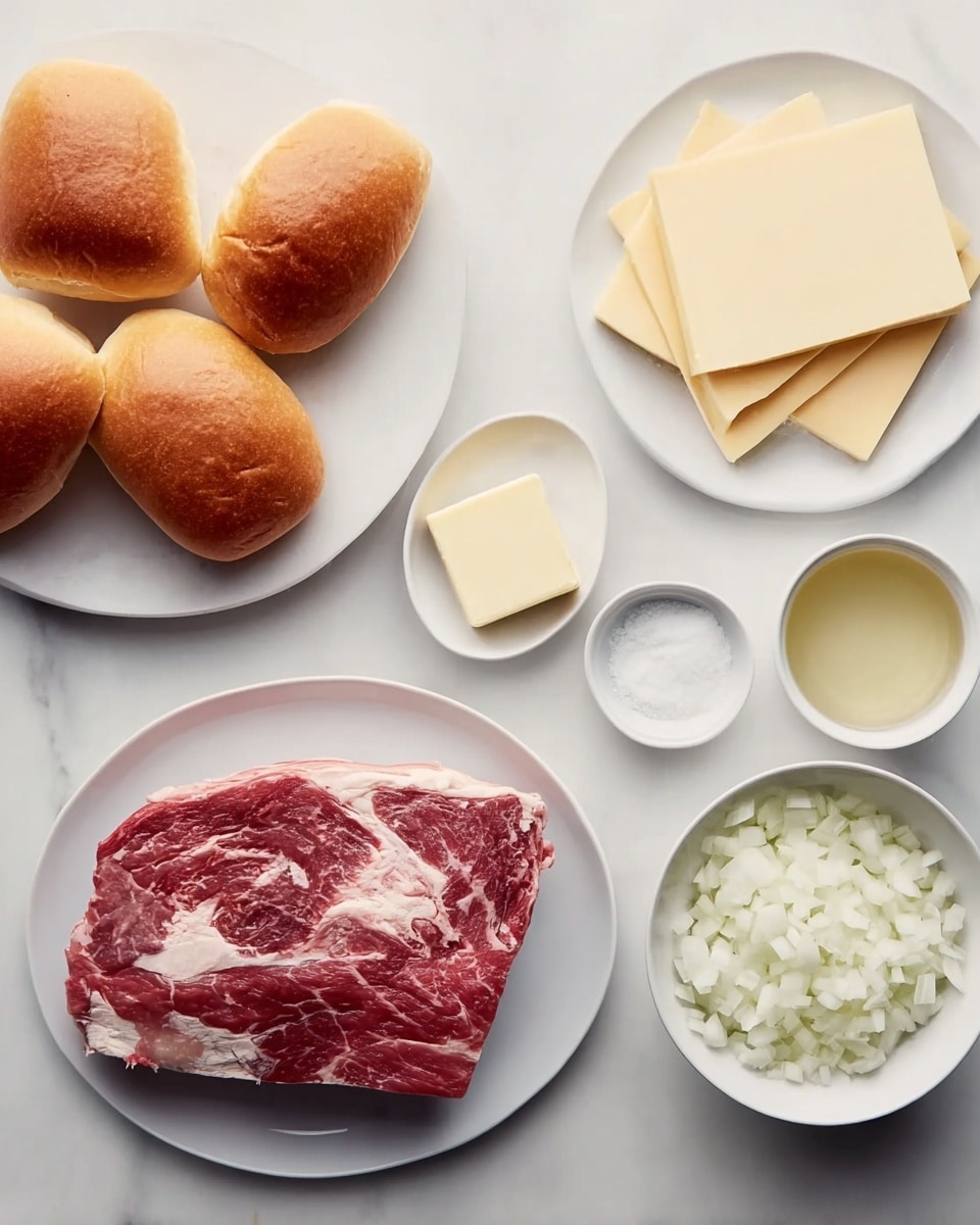 The image shows several food ingredients arranged on a white marbled surface. On the left side, there are four golden brown sandwich rolls placed close to each other. In the middle, on a white plate, lies a thick raw piece of marbled red meat with white fat patterns. Above the meat, on another white plate, are slices of pale yellow cheese stacked neatly. Near the bottom center, there are three small white bowls: one with a square piece of butter, one with a clear pale liquid, and one with a powdery white substance. On the right, a white bowl is filled with finely chopped white onions. The setup looks clean and ready for cooking photo taken with an iphone --ar 4:5 --v 7
