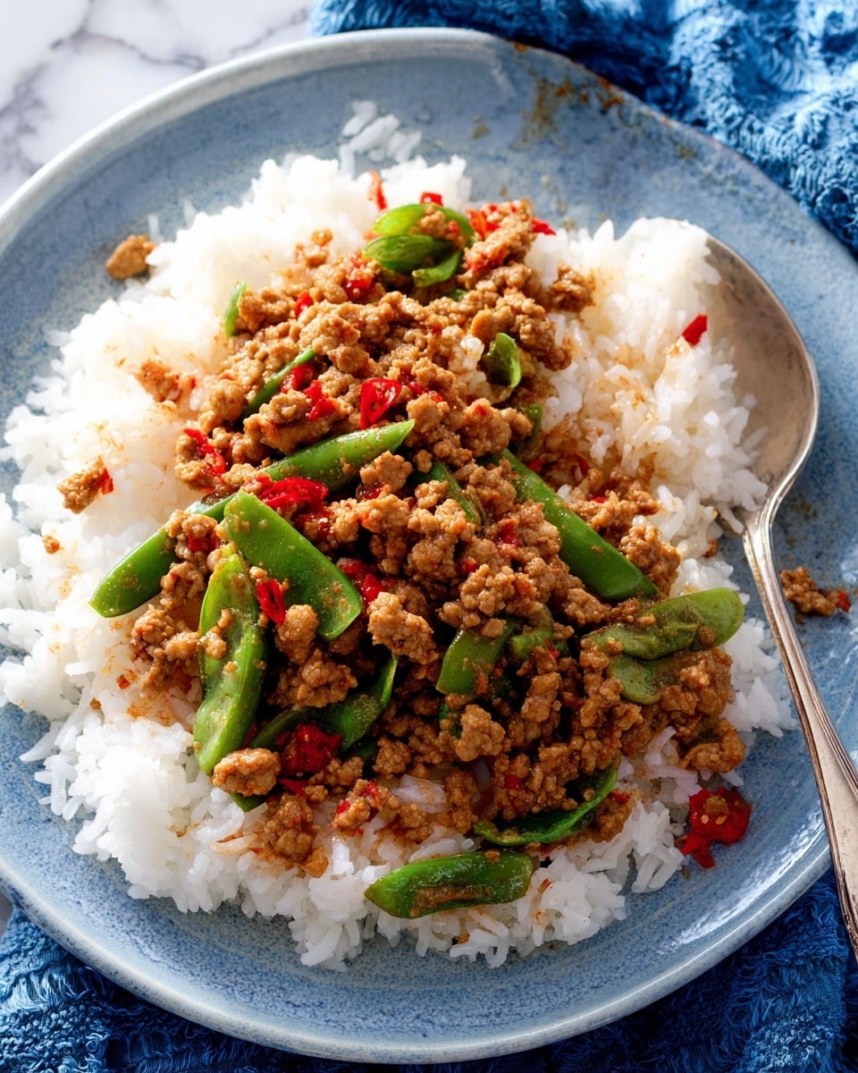 A white plate holds a layer of fluffy white rice forming the base, topped with a layer of light brown cooked minced meat mixed with small pieces of red chili and bright green snap peas scattered on top. The texture of the meat is crumbly, contrasting with the smooth rice grains, and there is a silver spoon partially buried in the rice and meat. The plate is set on a textured blue cloth with a white marbled surface beneath. photo taken with an iphone --ar 4:5 --v 7