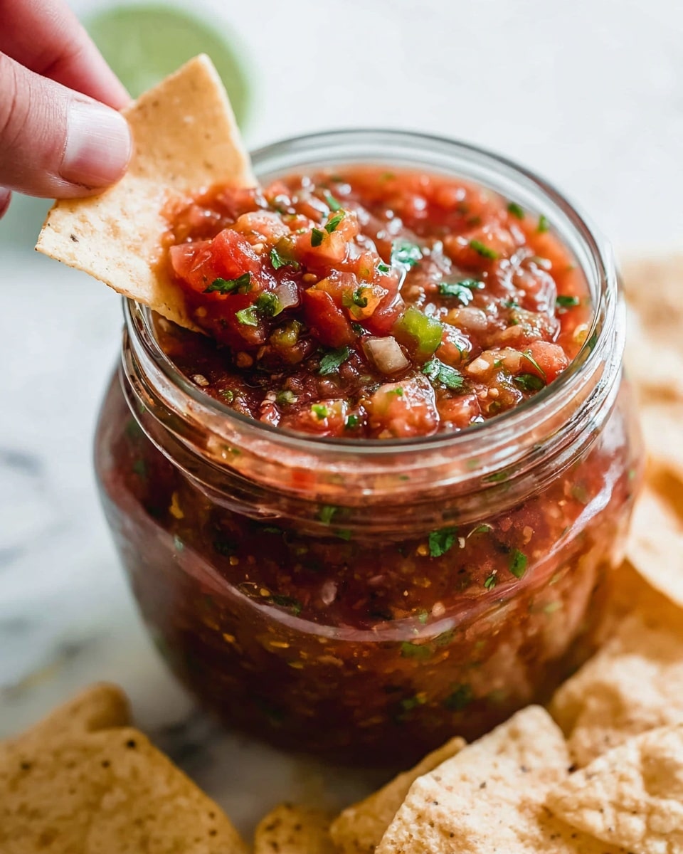 A clear glass jar filled with chunky red salsa, filled to the top with visible pieces of diced tomatoes, onions, and green herbs, giving a textured look with moist, juicy bits. A woman's hand is dipping a light beige triangular tortilla chip into the salsa, scooping up a thick layer of the mixture with some green herbs on top. More tortilla chips are scattered on a white marbled surface next to the jar. The background is softly blurred and bright, emphasizing the rich colors and textures of the salsa and chips. Photo taken with an iphone --ar 4:5 --v 7