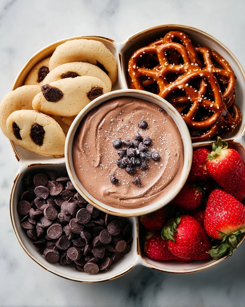 The image shows a white marbled surface with five connected white dishes forming a flower shape. The center dish holds smooth light brown chocolate mousse topped with small dark chocolate chips and a light dusting of powdered sugar. Surrounding it, starting from the top right and moving clockwise, are four dishes: the first contains beige cookies with large chocolate chips scattered on top; the second holds oval vanilla cookies with purplish edges; the third is filled with shiny dark brown pretzels with visible salt crystals; and the last dish has vibrant red strawberries, some with green leaves visible. photo taken with an iphone --ar 4:5 --v 7