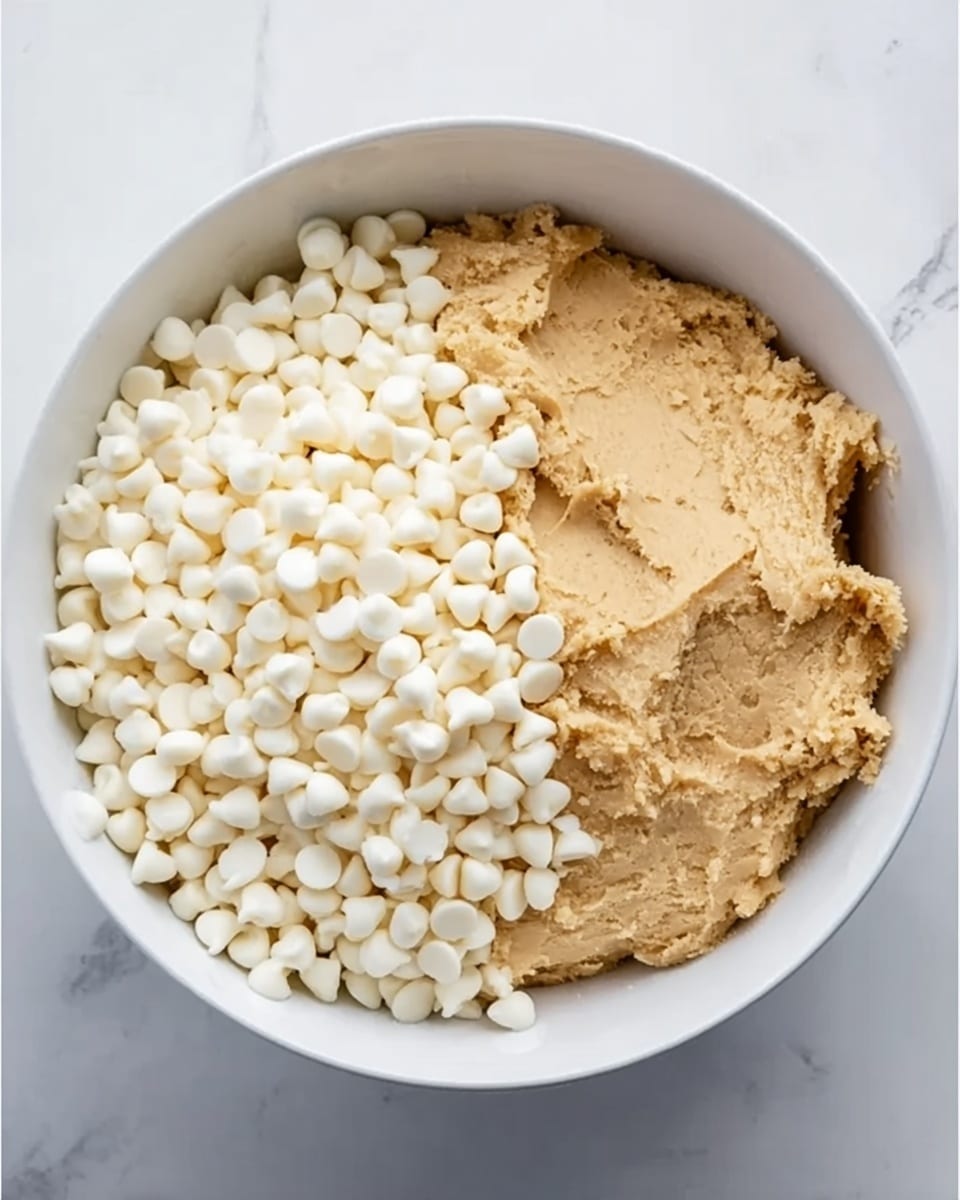 A white bowl filled with two distinct layers of cookie dough inside. The right side holds a smooth, light brown beige dough with a soft texture, while the left side is covered with small, bright white chocolate chips piled thickly on top of the dough. The bowl is sitting on a white marbled surface. photo taken with an iphone --ar 4:5 --v 7