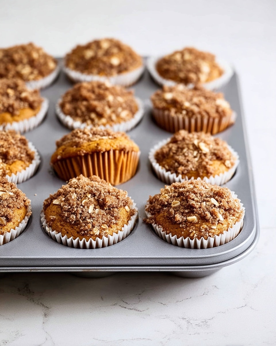 A dozen muffins sit in a silver metal muffin tray against a white marbled surface. Each muffin is inside a white paper liner, with two layers: a golden brown cake base at the bottom and a crumbly streusel topping that is brown with visible oats scattered on top. All the muffins have slightly rounded tops with a rough, textured surface from the streusel. The tray shows some muffins tilted slightly in their spots, creating casual unevenness. The bright, soft light highlights the textures and warm tones of the muffins and the smooth, clean metal of the tray photo taken with an iphone --ar 4:5 --v 7
