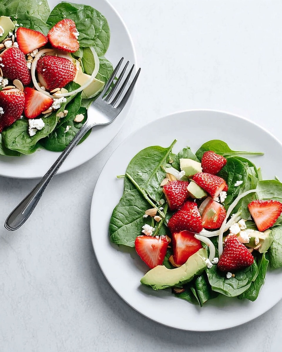 Two white round plates are arranged with fresh spinach leaves as the first layer. On top of the spinach, there are whole strawberries and strawberry halves showing their red and juicy texture. Small white crumbles of cheese are scattered on the salad along with small pale green avocado chunks. Thin, pale almond slices and light green thin onion rings add extra texture across the salad. One plate has a silver fork placed on the left side of the plate's edge. The background is a clean white marbled surface. Photo taken with an iphone --ar 4:5 --v 7
