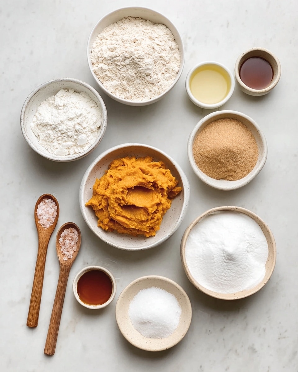 The image shows a top view of several white and beige bowls and wooden spoons arranged neatly on a white marbled surface. There are seven containers in total: a white bowl with light brown flour, a white bowl with solid white fat, a white bowl with orange mashed pumpkin in the center, a white bowl with pale brown granulated sugar, a white bowl with white powdered sugar, and two small beige bowls with light yellow and dark amber liquids. There are also three wooden spoons: one holding white powder, another with brown spice, and a small one with fine pink salt. photo taken with an iphone --ar 4:5 --v 7