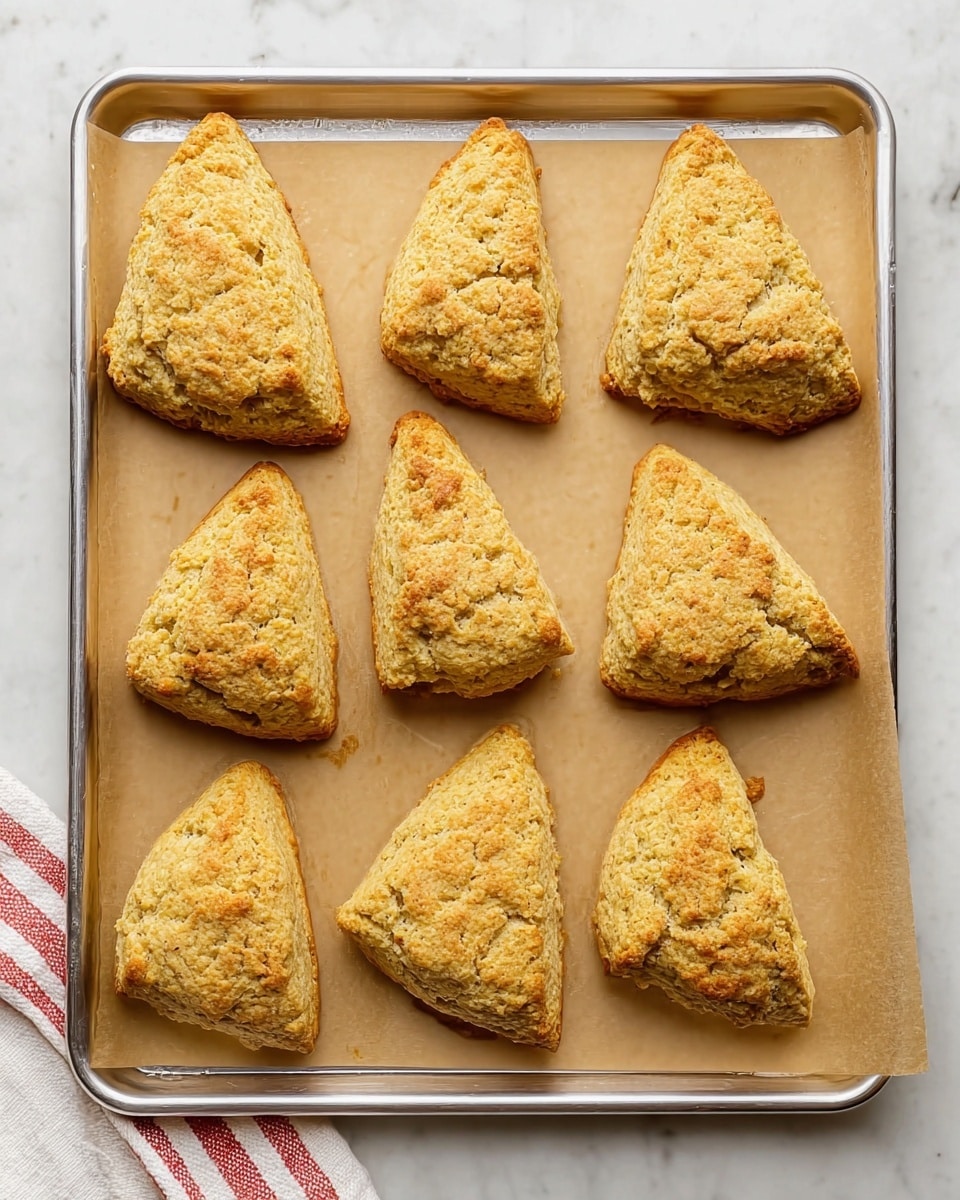 The image shows eight triangular golden-brown scones arranged in two rows on a baking sheet lined with light brown parchment paper. The scones have a crumbly texture with small cracks on their surface, and they appear slightly puffed. The metal baking sheet has a shiny silver color, and it rests on a white marbled surface. A small part of a white and red striped cloth is visible at the bottom left corner. The overall look is warm and inviting, highlighting the freshly baked scones. photo taken with an iphone --ar 4:5 --v 7
