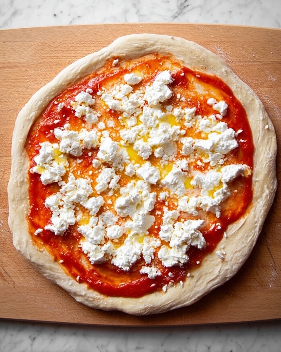 A round raw pizza dough with a slightly thick edge is placed on a wooden board. The pizza has one visible layer of bright red tomato sauce spread evenly over the dough, leaving the outer edge plain. On top of the sauce, there are many small dollops of white soft cheese scattered across the surface, with some areas showing small pools of yellow oil. The background is a white marbled texture. photo taken with an iphone --ar 4:5 --v 7
