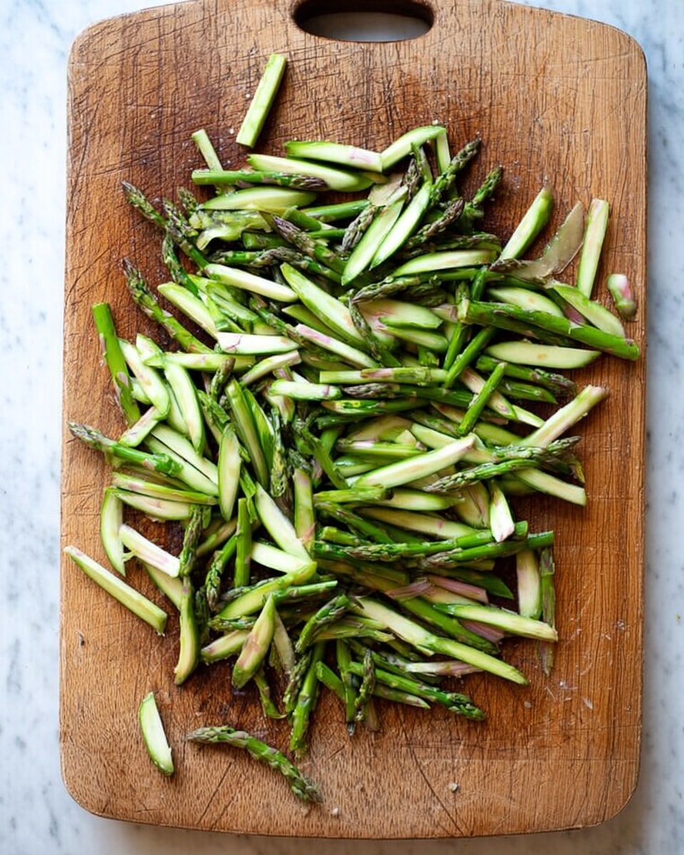 The image shows many thinly sliced green asparagus pieces spread over a worn wooden cutting board with visible knife marks and a handle on the left side. The asparagus pieces vary in size and are arranged loosely, showing fresh green colors with some pale green and purple tones. The cutting board sits on a white marbled textured surface. In the lower left corner, a part of a woman's hand is slightly visible near the edge of the board photo taken with an iphone --ar 4:5 --v 7