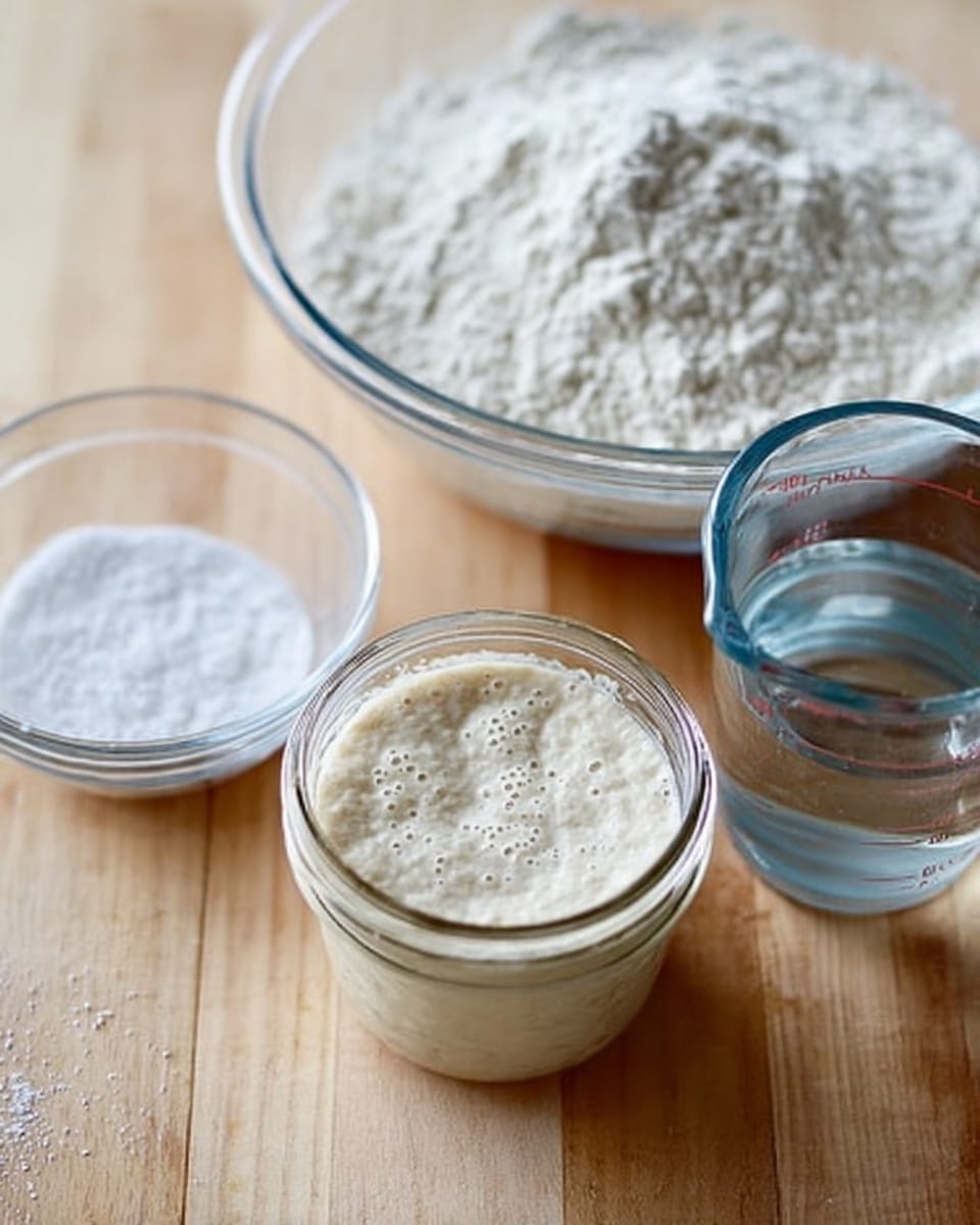 The image shows four containers on a wooden table. In the center, there is a small glass jar filled with bubbly, thick starter dough that looks creamy beige. Behind the jar, on the upper side, there is a large glass bowl full of white flour with a grainy texture. To the right, there is a clear glass measuring cup with water, showing a smooth and clear liquid. On the left side, there is a small glass bowl with a white powder, likely salt, with a fine texture. The items are arranged neatly on the wooden surface, with soft natural light illuminating the scene. photo taken with an iphone --ar 4:5 --v 7