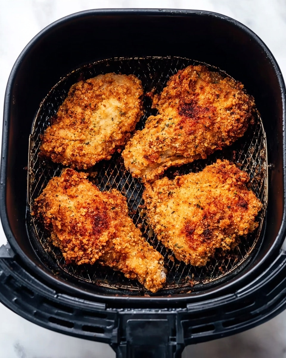 Inside a black air fryer basket, there are four pieces of crispy fried chicken arranged in a neat layer, each piece showing a golden brown and crunchy texture with some darker fried spots. The chicken pieces have a rough, crumbly coating that looks well-seasoned and crunchy. The basket has a wire mesh bottom that slightly shows underneath the chicken. The entire scene is set on a white marbled surface. photo taken with an iphone --ar 4:5 --v 7
