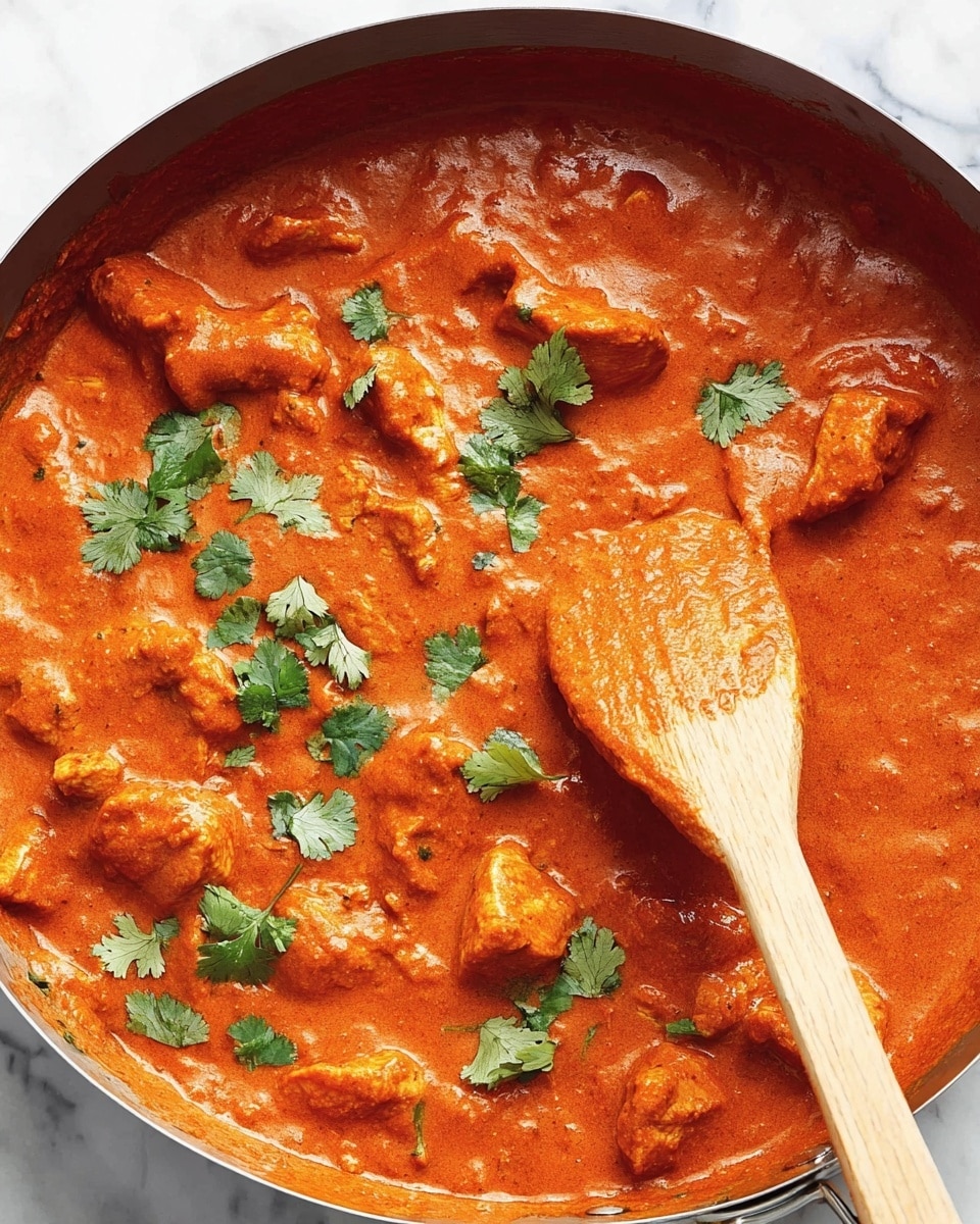 A close-up view of a cooking pan filled with thick orange-red curry sauce with chunks of cooked chicken covered by the rich, smooth sauce. The chicken pieces have a soft texture and are spread evenly in the sauce. Bright green cilantro leaves are scattered on top, adding spots of green contrast. A wooden spatula is partly submerged in the curry on the right side, its light wood grain visible, stirring the sauce. The pan sits on a white marbled surface. photo taken with an iphone --ar 4:5 --v 7