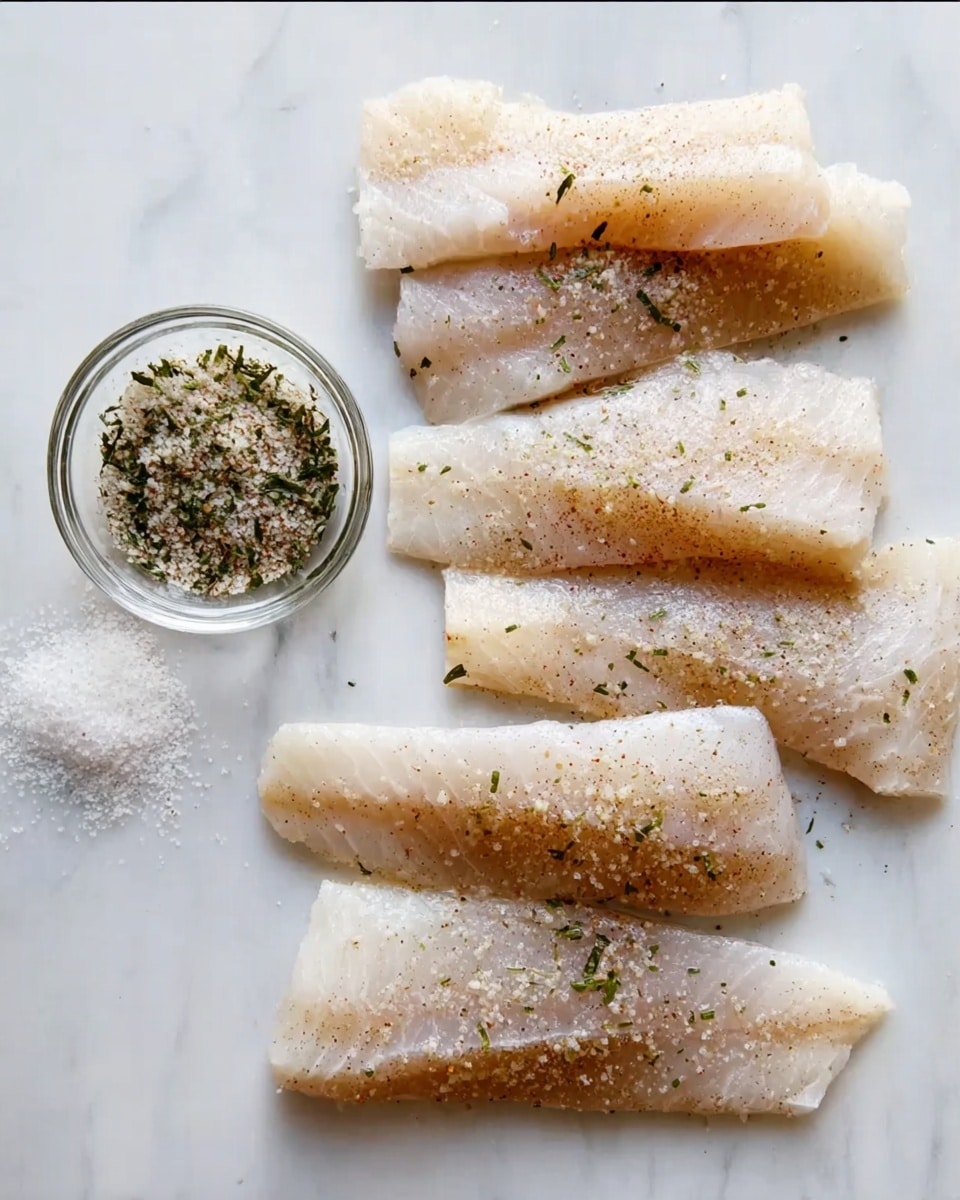 The image shows seven thin, raw fish fillets spread out on a white marbled surface. Each fillet is light beige with a slight shine, and all are sprinkled with coarse salt and small green herb flakes. To the left of the fillets, there is a small clear glass bowl filled with a mix of coarse salt, pepper, and finely chopped green herbs. The overall look is simple and clean with natural colors. photo taken with an iphone --ar 4:5 --v 7