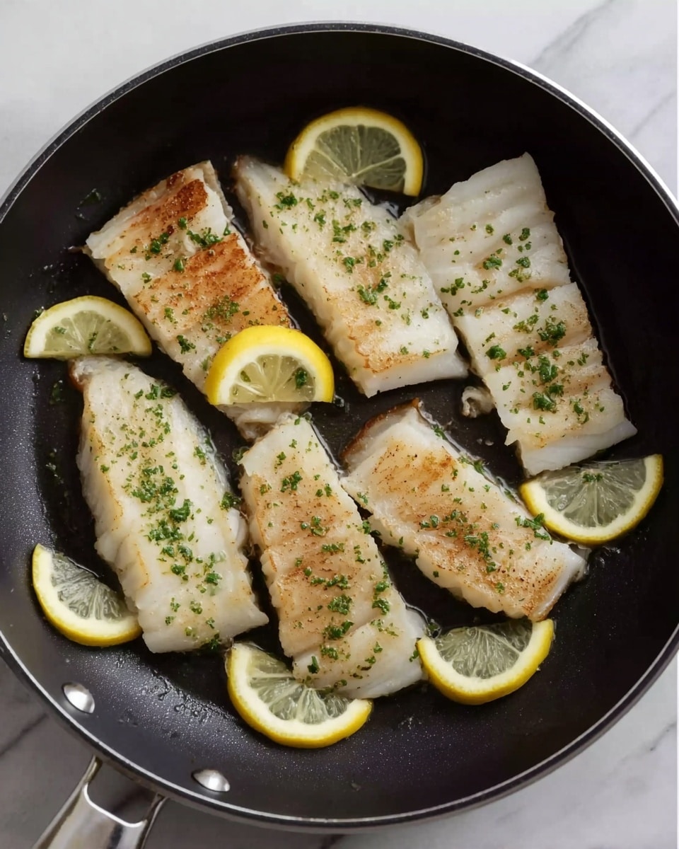 A black pan holds six light beige fish fillets with a slight brown sear, each topped with small green herb sprinkles. Bright yellow lemon wedges sit on and around the fillets, adding a fresh touch. The pan is on a white marbled surface. photo taken with an iphone --ar 4:5 --v 7