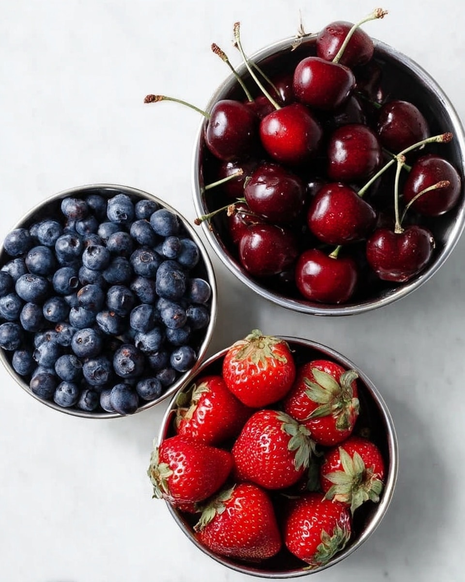 Three round metal bowls sit on a white marbled surface. The top bowl is filled with shiny, dark red cherries with green stems. The bottom left bowl holds many small, round, deep blue blueberries. The bottom right bowl is full of red strawberries with green leafy tops, some larger and some smaller. The bowls are arranged in a loose triangle with bright, natural light highlighting the fresh fruits photo taken with an iphone --ar 4:5 --v 7