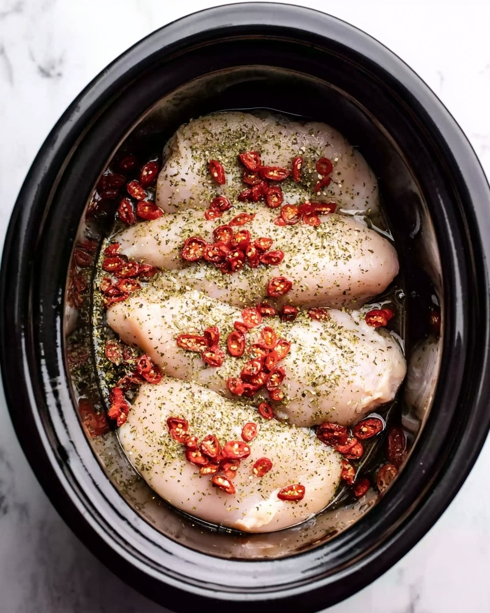 In a black slow cooker, three raw chicken pieces are placed side by side covering the bottom. The chicken pieces are pale beige with a smooth texture. They are sprinkled with greenish dried herbs and small black pepper dots evenly across the surface. On top, many small bright red chili pieces are scattered, adding a strong color contrast. The black cooker has a shiny surface inside and sits on a white marbled texture. Photo taken with an iphone --ar 4:5 --v 7