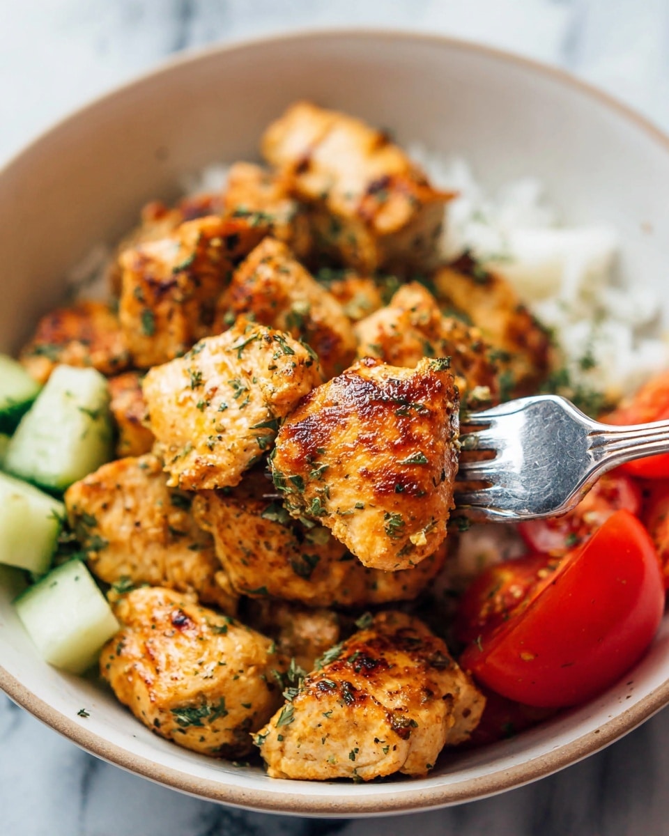 The image shows a close-up of a white bowl filled with golden-brown pieces of cooked chicken, each piece seasoned with green herbs and having a slightly crispy texture. The chicken pieces are placed on a bottom layer of white rice, partially visible underneath. In the top right corner of the bowl, there are small cubes of light green cucumber, and bright red cherry tomato halves can be seen at the bottom right edge. A silver fork held by a woman's hand is lifting one piece of chicken, showing its browned surface and tender inside. The bowl is set on a white marbled surface. photo taken with an iphone --ar 4:5 --v 7