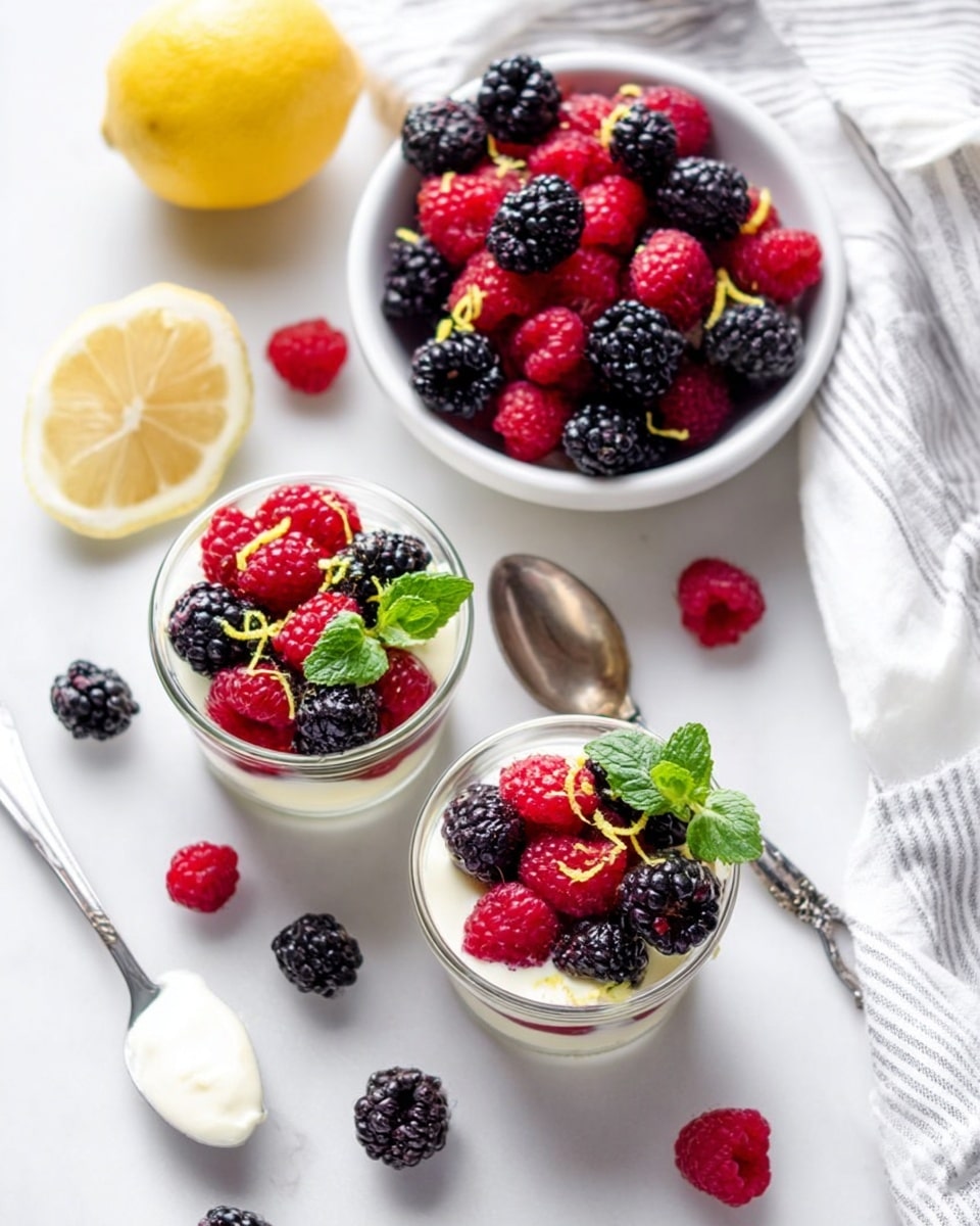 The image shows two small clear glass cups filled with three layers: a white creamy base at the bottom, topped with bright red raspberries and dark blackberries mixed together, and garnished with small green mint leaves and yellow lemon zest shavings on top. Nearby, a white bowl is full of fresh raspberries and blackberries, adding a colorful contrast. Around the cups and bowl, loose raspberries and blackberries are scattered on a white marbled surface, along with a half lemon placed cut side up. There is a silver spoon resting near the cups, and a small spoon with a dollop of the white creamy base. A soft white cloth with light stripes is partly visible in the background. photo taken with an iphone --ar 4:5 --v 7