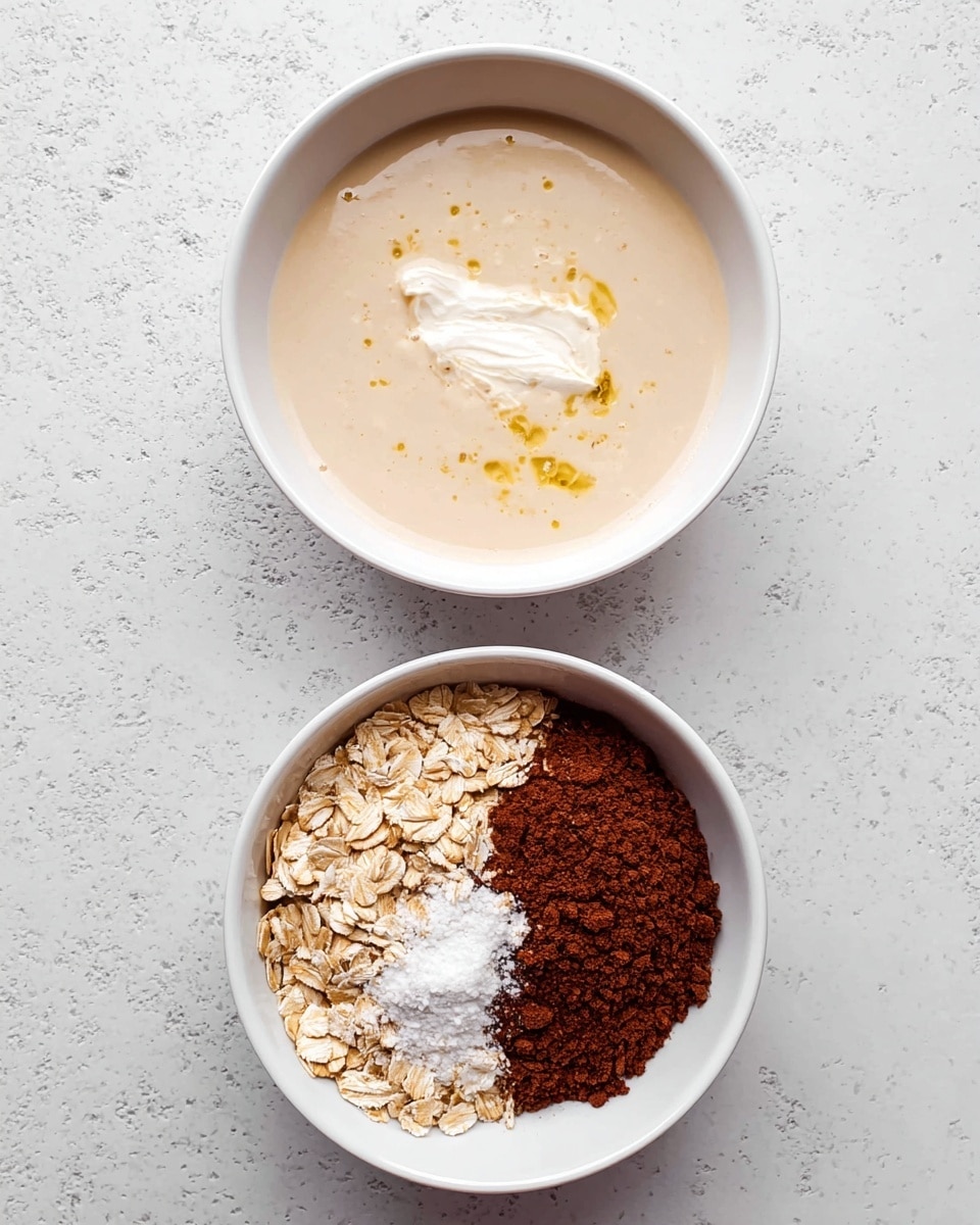 Two white bowls sit on a white marbled surface. The top bowl contains a creamy, light beige liquid with a small dollop of white cream and a few thin streaks of yellow oil on the surface. The bottom bowl holds dry ingredients arranged in three sections: light brown rolled oats on the left and right sides, dark brown cocoa powder in the upper part, and a small pile of white powder, likely baking powder, near the bottom center. The colors contrast clearly with the white bowls and the textured white marbled background. Photo taken with an iphone --ar 4:5 --v 7