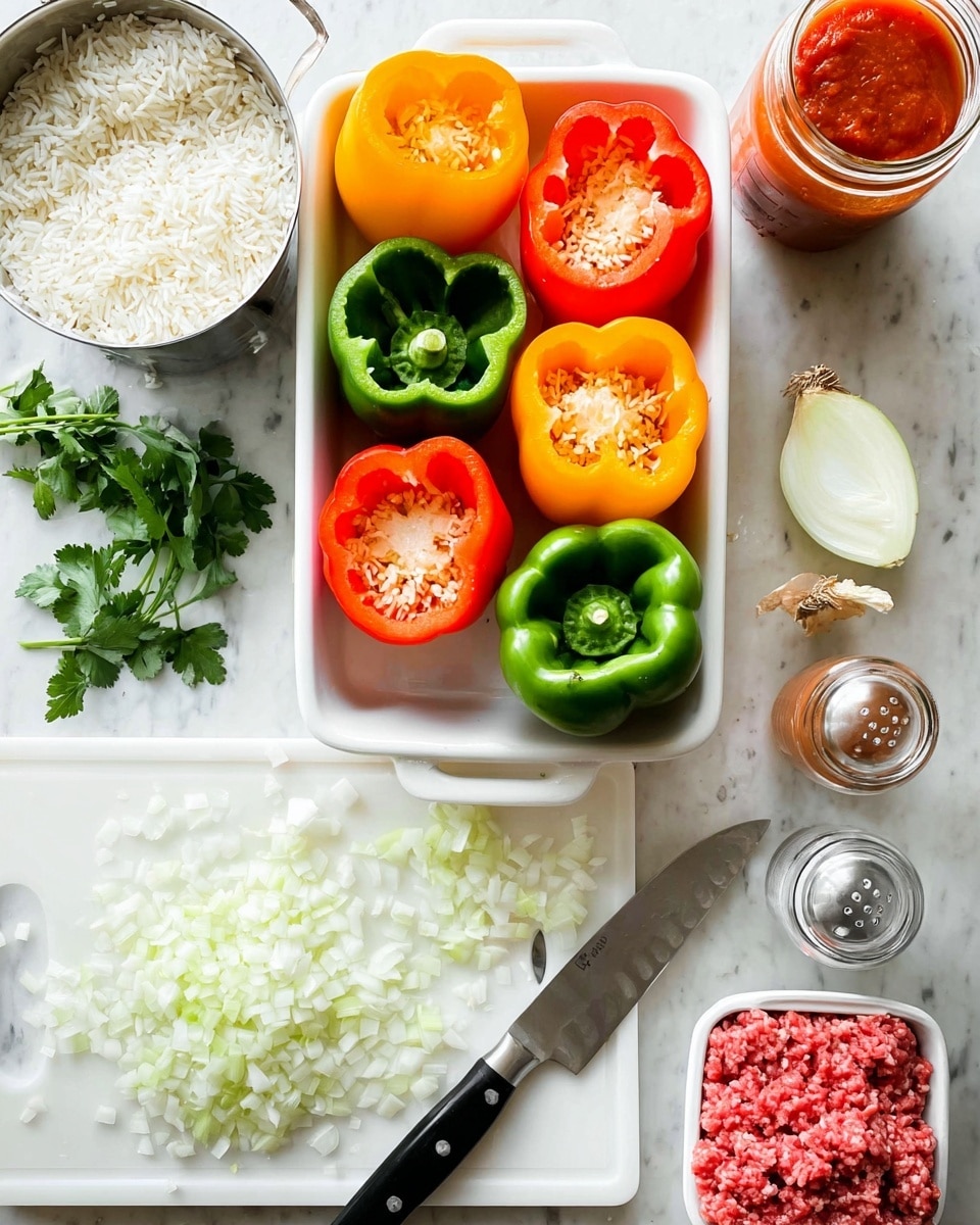 The image shows six colorful bell peppers hollowed out, arranged in two rows inside a white baking dish, with colors including red, orange, yellow, and green. Below them is a white cutting board with finely diced white onions spread across it and a large knife with a black handle resting on the right side. To the left of the cutting board is a metal measuring cup filled with uncooked white rice, and next to it are onion skin pieces and fresh green cilantro sprigs. On the bottom right corner, a white tray holds raw ground meat. Near the top right, there is an open jar of red tomato sauce and two small white and clear spice containers. The whole scene is laid out on a white marbled surface. photo taken with an iphone --ar 4:5 --v 7