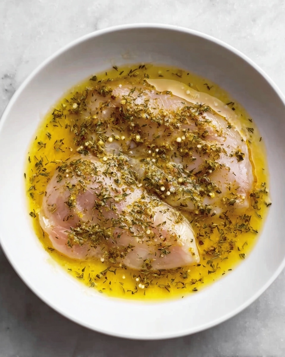 In the white bowl, there are two thin pieces of raw chicken covered with a yellow liquid, likely a marinade or sauce, which has a glossy and slightly oily texture. The yellow layer is mixed with green dried herbs scattered evenly across the chicken and bowl surface. The chicken pieces are smooth with some natural lines and curves, and the marinade pools around and over them, creating shiny reflections. The bowl sits on a white marbled surface. photo taken with an iphone --ar 4:5 --v 7