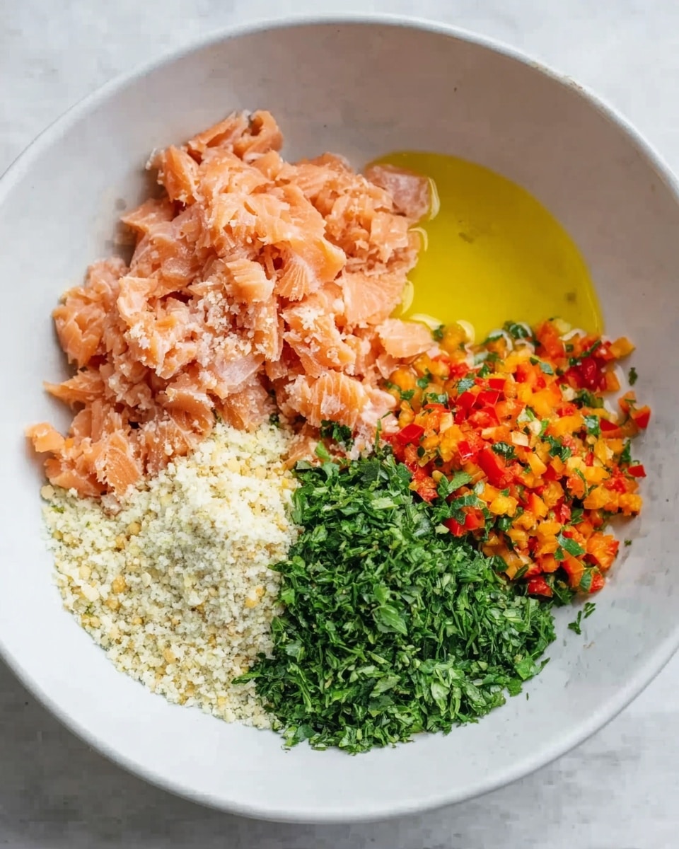 A white bowl placed on a white marbled surface holds five different ingredients arranged in separate sections, forming a colorful mix. Starting from the top left, there is flaky pink salmon with a soft texture. To the right of the salmon is a bright yellow liquid that looks like oil. Below this liquid is a small pile of finely chopped orange and red bell peppers. At the bottom center, there is a dense green pile of chopped parsley. On the bottom left is a mound of fine, light beige breadcrumbs. The ingredients are all clearly separated, showing off their different colors and textures, ready to be mixed together. Photo taken with an iphone --ar 4:5 --v 7
