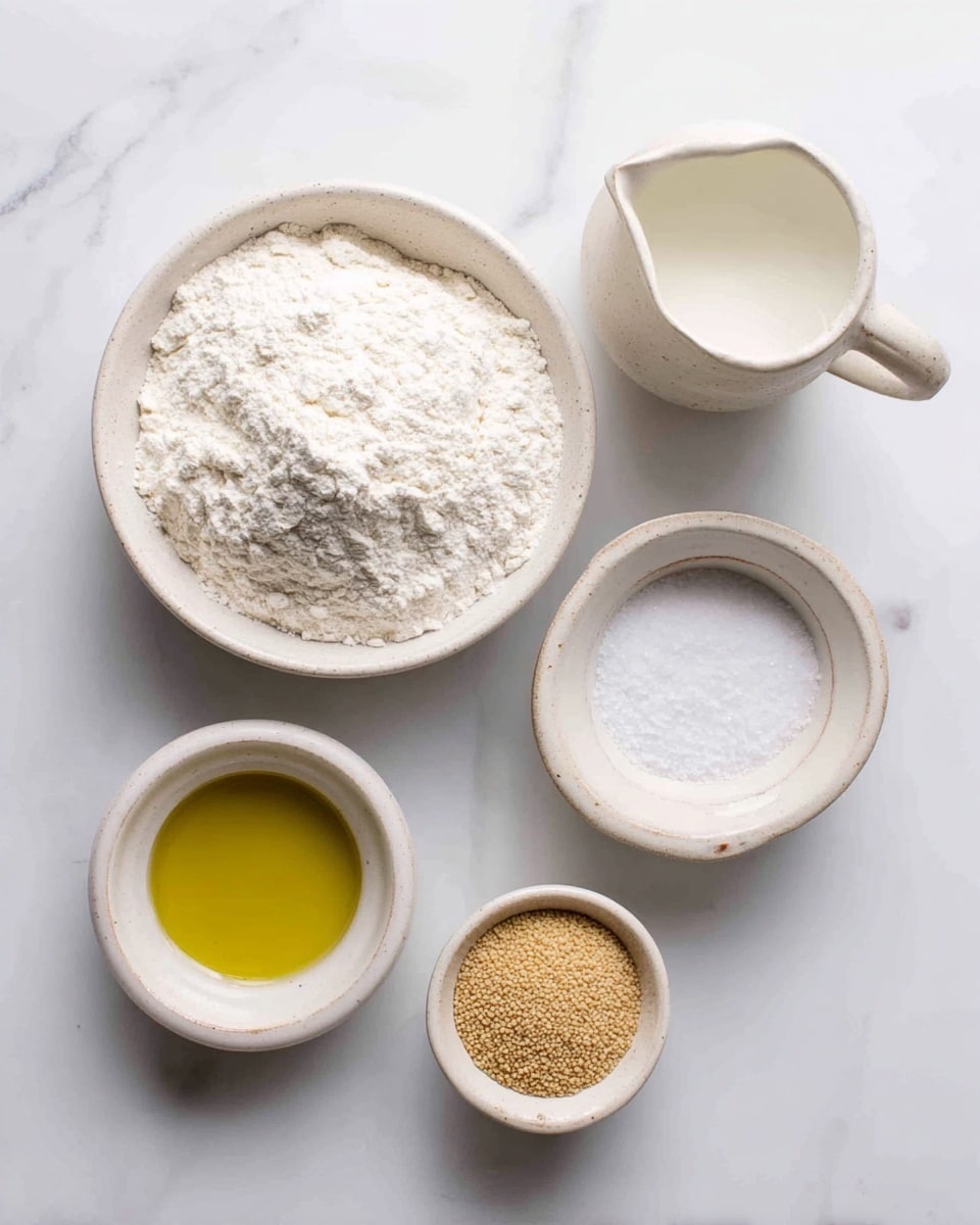 The image shows six small white bowls arranged loosely on a white marbled surface. The largest bowl in the center is filled with white flour, full and slightly uneven on top. Below it is a tiny bowl with clear golden olive oil, and next to that is a slightly larger bowl with a white liquid, probably cream or milk. Above the oil, there is a small white bowl filled with coarse salt, and to the right of the flour, a similar bowl holds tan-colored dry yeast granules. At the far left side, there is a simple white jug with a spout. The overall scene looks clean and neat. photo taken with an iphone --ar 4:5 --v 7