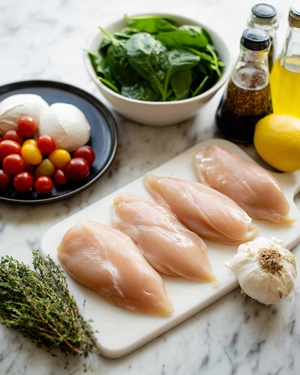 Four raw chicken fillets with a light pink, smooth texture are lined up horizontally on a white cutting board placed on a white marbled surface. To the left, a black plate holds a white ball of soft mozzarella cheese beside a large white bowl filled with green spinach leaves and small bright red cherry tomatoes. To the right, a garlic bulb, a bunch of green fresh thyme, a bright yellow lemon, and several glass bottles filled with dark liquid and spices are arranged. The background is softly blurred, highlighting the ingredients. photo taken with an iphone --ar 4:5 --v 7