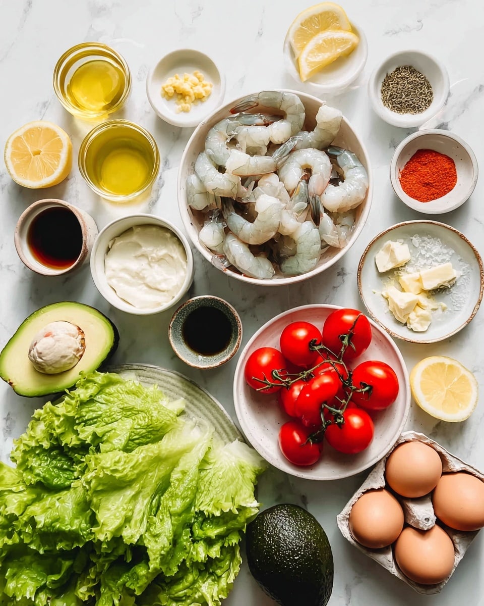 A flat lay of ingredients displayed neatly on a white marbled surface, featuring a large white bowl filled with raw peeled shrimp in the center. To the bottom right, a bunch of bright green lettuce leaves rest next to a white bowl holding a cluster of fresh shiny red cherry tomatoes still on the vine. Below the shrimp bowl, a whole dark green avocado is placed next to a small bowl of creamy white mayo. Surrounding these main items are various small white and black bowls containing yellow oil, mustard, capers, a square of butter, and mixed spices including salt and a reddish powder. A plate with four brown eggs sits near the top right. Lemon wedges and dark sauce in small bowls are on the left side. The whole scene is bright and fresh, with natural light enhancing the colors photo taken with an iphone --ar 4:5 --v 7