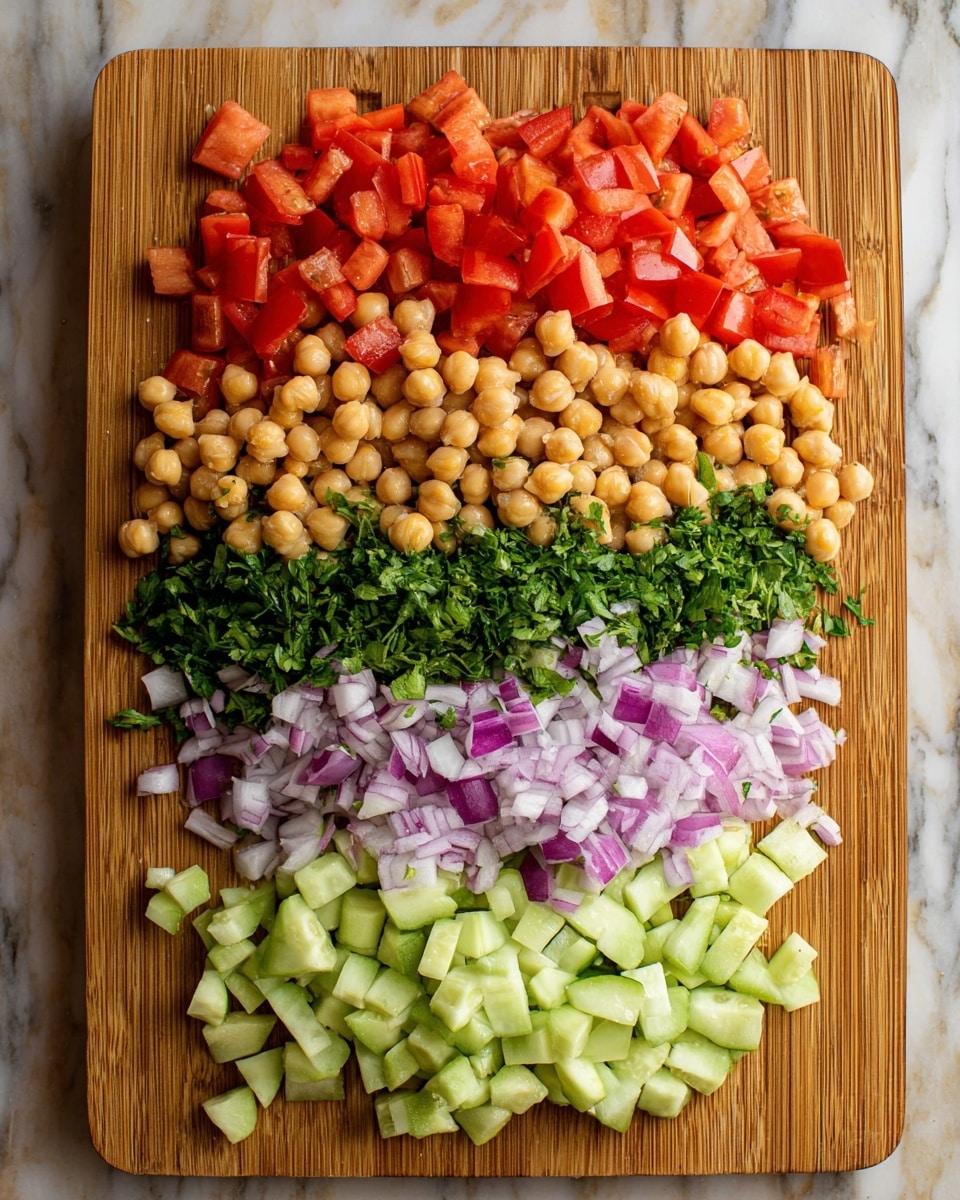 The image shows a wooden cutting board on a white marbled surface with four layers of chopped ingredients arranged neatly. At the top, there are bright red chopped tomatoes in medium-sized chunks. Below the tomatoes is a layer of fresh green chopped parsley mixed slightly with a pile of light tan chickpeas forming the third layer. Under the chickpeas is a thin layer of finely chopped purple onion, and at the bottom, there are light green chopped cucumbers cut into small cubes. The colors are vibrant and the textures of the ingredients vary from smooth to slightly rough. photo taken with an iphone --ar 4:5 --v 7