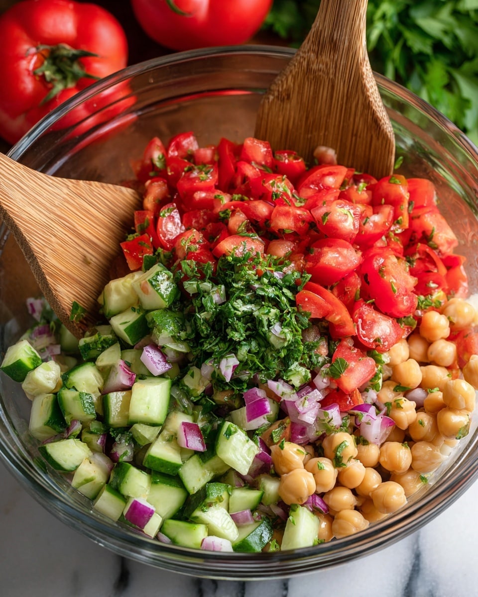 A clear glass bowl holds a fresh salad with three main layers visible: the bottom layer consists of pale chickpeas mixed with light green cucumber chunks with dark green edges, as well as small pieces of light purple onion; the middle layer shows bright red tomato chunks scattered on top; and the top layer is a finely chopped mix of green herbs and small red bell pepper pieces. Two wooden salad spoons rest inside the bowl, one on the left and one on the right, slightly mixing the ingredients. The background is a white marbled surface with whole red tomatoes and green leafy herbs blurred behind. Photo taken with an iphone --ar 4:5 --v 7