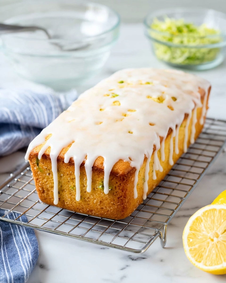 A rectangular, golden-yellow loaf cake rests on a metal cooling rack, topped with a thick layer of white icing that drips down the sides unevenly. The cake has a soft and slightly crumbly texture with small visible bits inside, indicating added ingredients. The background is a white marbled surface, and nearby there is a halved lemon with a bright yellow interior. In the blurry background, there are two clear glass bowls, one large and empty with a spoon inside, and one smaller one filled with green shredded ingredients. A blue and white striped napkin is folded beside the cake. Photo taken with an iphone --ar 4:5 --v 7