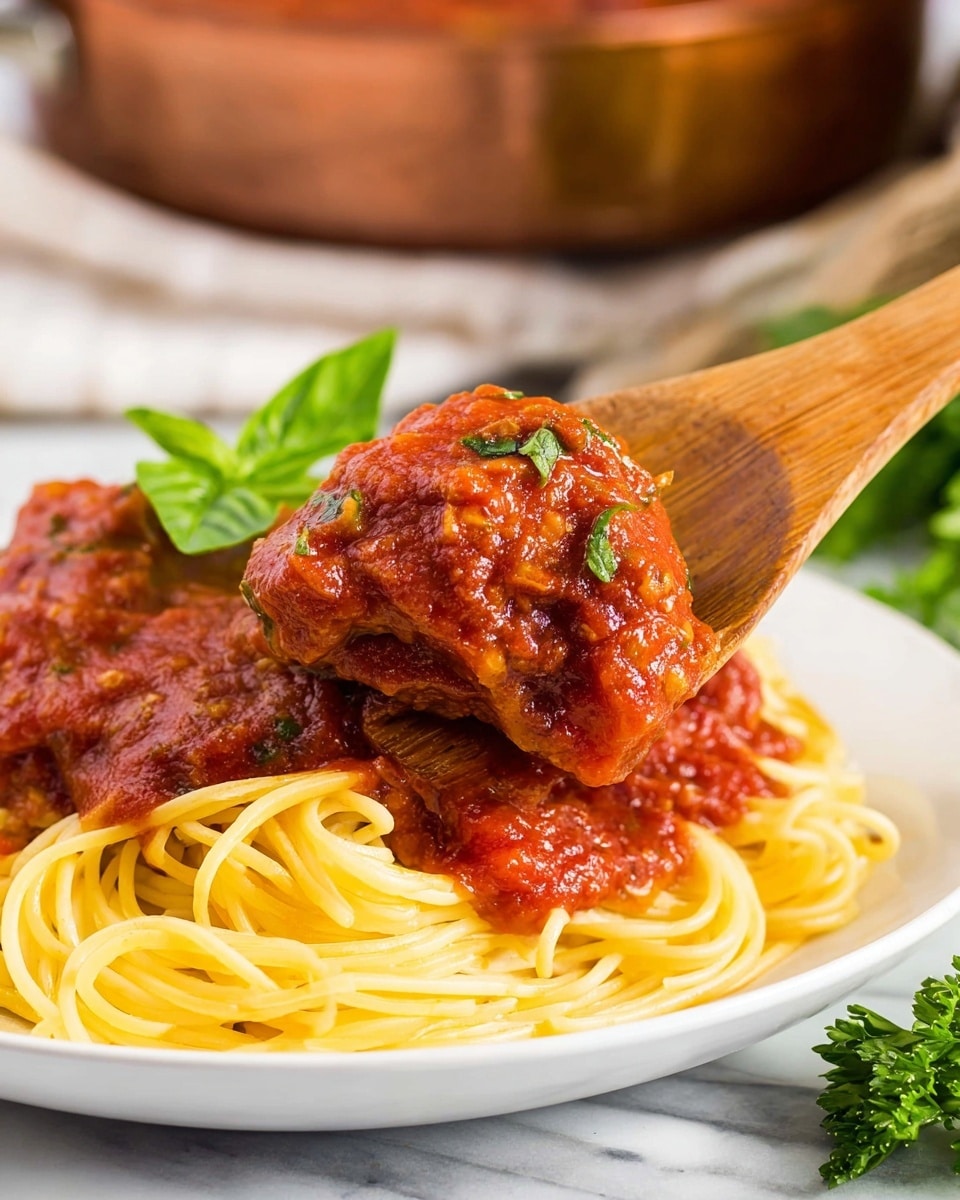 A white plate holds a layer of yellow cooked spaghetti noodles topped with a thick red tomato sauce containing visible chunks of tomatoes and green herbs. A wooden spoon lifts a thick piece of meat covered in the same rich red sauce, with a fresh green basil leaf beside it. The background features a white marbled surface with a pot of more sauce slightly blurred. Some green parsley is visible at the bottom, adding a pop of color. Photo taken with an iphone --ar 4:5 --v 7