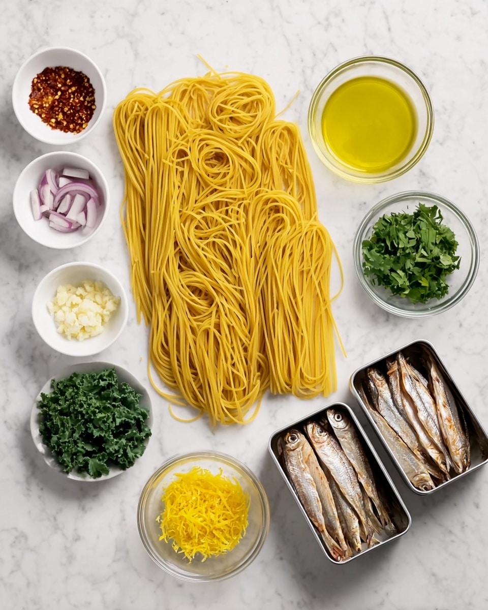 A flat layer of dry yellow spaghetti pasta is laid out at the center on a white marbled surface. To the left of the pasta, there are five small white bowls arranged vertically: the top bowl contains red chili flakes, followed by golden yellow olive oil, light purple chopped shallots, a pale yellow liquid, and bright green kale leaves. Below the pasta, two small clear glass bowls hold vibrant yellow lemon zest and fresh green parsley. On the right side of the pasta, there are two open rectangular tins filled with light brown sardines placed side by side, and a small white bowl with minced white garlic sits between the pasta and the tins. The whole scene is bright and neatly arranged. photo taken with an iphone --ar 4:5 --v 7