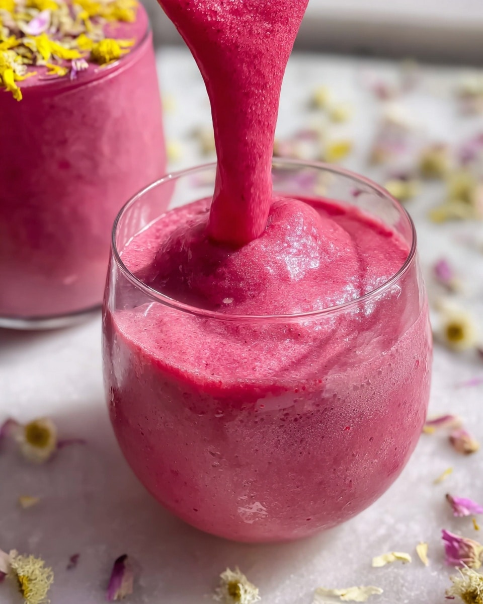 A close-up of a bright pink smoothie with a thick, smooth texture being poured into a clear, round glass. The smoothie fills the glass almost to the top and has a creamy, slightly bubbly surface. In the background, there is another glass filled with the same pink smoothie, topped with small yellow and white flower petals. The glasses are placed on a white marbled surface with scattered tiny flowers around them. Photo taken with an iphone --ar 4:5 --v 7