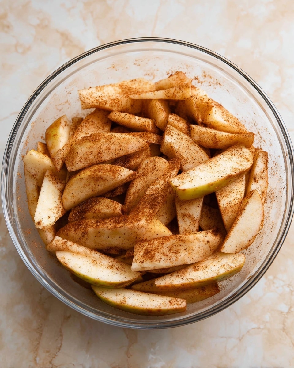 A clear glass bowl filled with many apple slices coated in a light brown cinnamon spice mix. The apple slices are cut into even wedge shapes, layered loosely on top of each other inside the bowl. The bowl sits on a white marbled surface. photo taken with an iphone --ar 4:5 --v 7