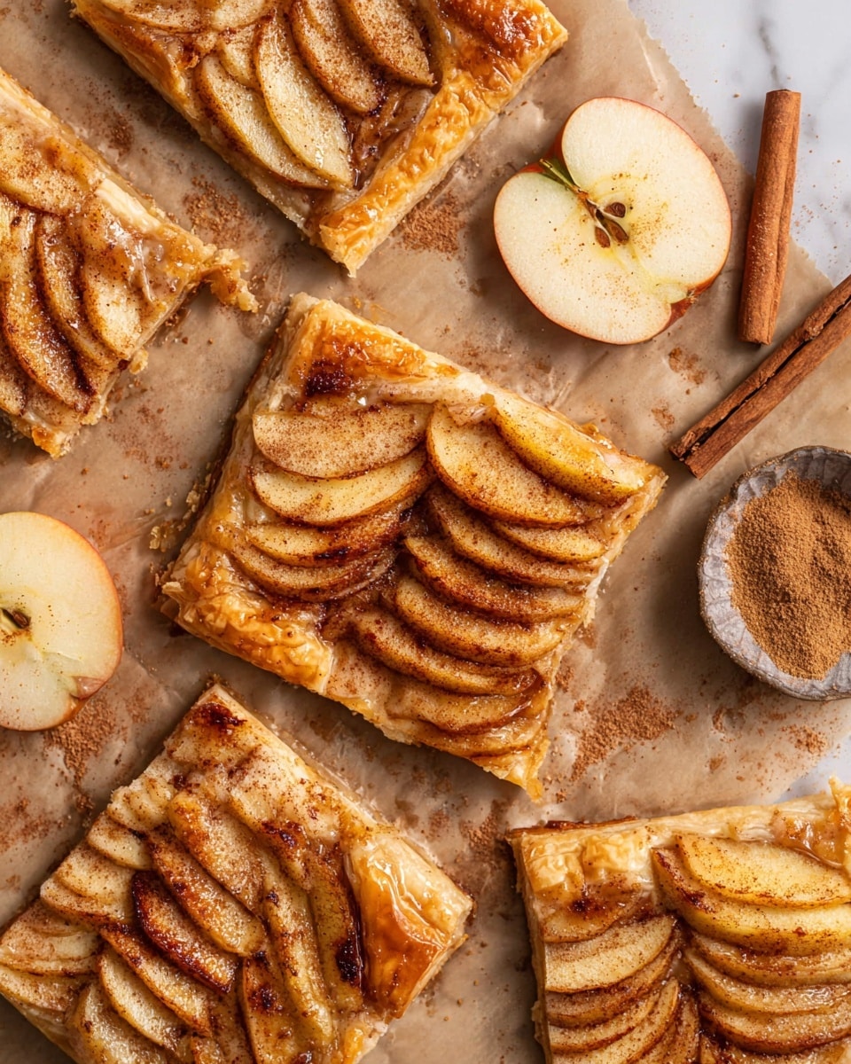 The image shows several square pieces of apple tart arranged on brown parchment paper over a white marbled surface. Each tart piece has a golden, flaky crust forming the outer layer, topped with a layer of thin apple slices arranged in overlapping rows. The apple slices are sprinkled with a cinnamon spice, giving them a warm brown color and slightly glossy texture. Scattered around the tarts are a few apple slices, a cinnamon stick, and a small open container of cinnamon powder. Photo taken with an iphone --ar 4:5 --v 7