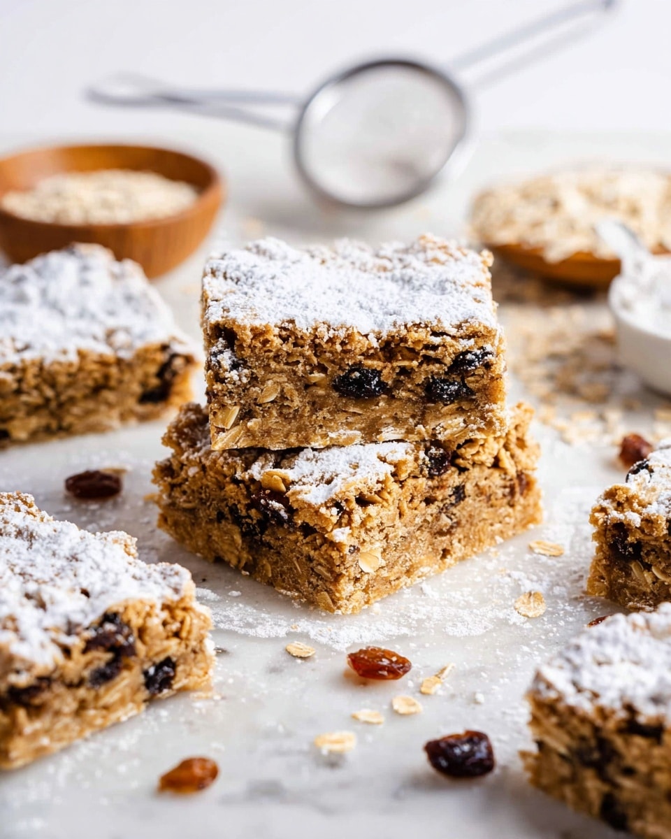 The image shows two square oatmeal raisin bars stacked on top of each other in the center, with visible oats and dark raisins inside. Each bar has two thick layers of golden brown oat mixture with raisins spread throughout. The top layer is dusted lightly with white powdered sugar. Around the stack, several more single square bars are placed on a white marbled surface. In the background, there is a small white sieve with powdered sugar and a wooden bowl that appears blurred. Some loose oats and raisins are scattered around the bars. Photo taken with an iphone --ar 4:5 --v 7