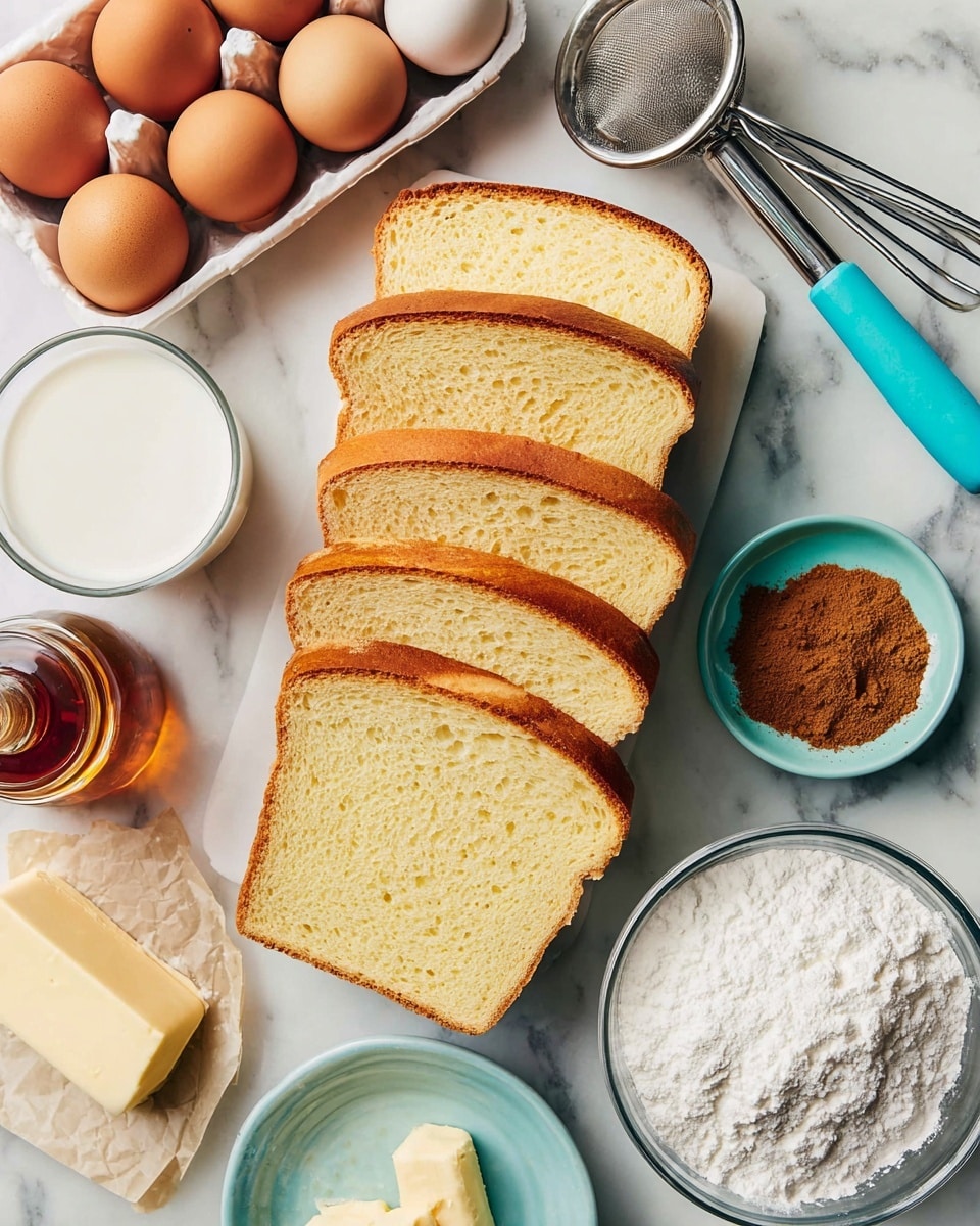 A top-down view shows seven slices of light yellow bread with a soft and airy texture, stacked slightly overlapping in the middle on a white marbled surface. Around the bread, there is a white tray holding four brown eggs on the left, a glass cup of white milk below the eggs, a small bottle of amber syrup to the bottom left, and a partially unwrapped stick of pale yellow butter wrapped in paper on the lower edge. To the right of the bread, there is a small light blue bowl filled with ground cinnamon, a large clear bowl of white powdered sugar with a metal sifter resting on top, and a few metal measuring spoons with light blue handles near a small dark bottle of vanilla extract at the upper right corner. The handle of a frying pan with a turquoise-blue grip is visible at the top right corner. photo taken with an iphone --ar 4:5 --v 7