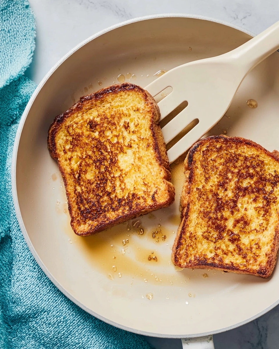 Two pieces of golden brown toasted bread sit in a white frying pan with a light beige spatula holding one piece in the air. The toast has an even, slightly crispy texture with small darker brown spots. There are drops of syrup or oil shining on and around the toast. The edge of a blue cloth is visible near the pan on a white marbled surface. photo taken with an iphone --ar 4:5 --v 7