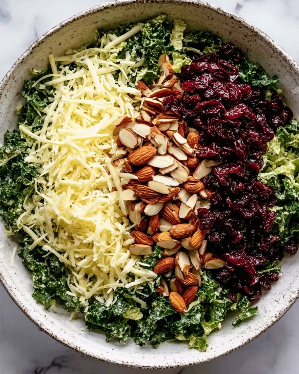 The image shows a large white bowl on a white marbled surface filled with a salad made of chopped dark green leafy kale as the base layer. On top of this green layer, there are three separate piles arranged side by side: thin, pale yellow shredded cheese on the left, a pile of whole and chopped brown almonds in the center, and a mound of dark red dried cranberries on the right. The bowl has a slightly rough, rustic textured edge. Photo taken with an iphone --ar 4:5 --v 7