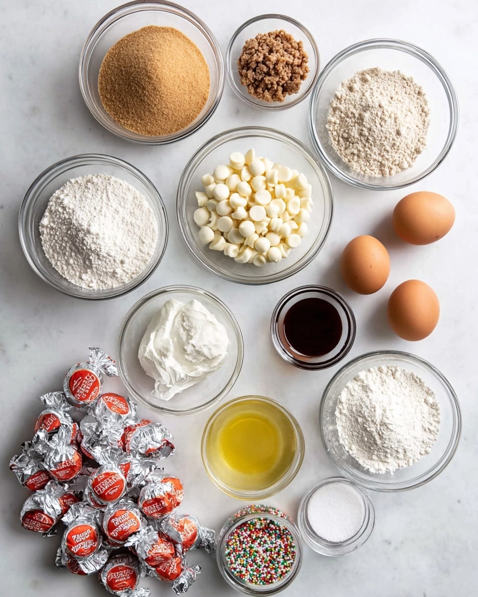 The image shows a flat lay of various baking ingredients arranged neatly on a white marbled surface. There are six round clear glass bowls with different contents: one filled with light brown sugar, one with white granulated sugar, one with white chocolate chips, one with light brown chocolate chips, one with flour in the center, and one small bowl with dark vanilla extract. A small glass cup holds melted yellow butter or oil. There are three brown eggs placed side by side near the bottom right, along with three small bowls containing white powders, likely baking soda, baking powder, and cream of tartar. On the bottom left, there is a pile of small chocolate candies wrapped in silver foil with orange and red labels, and beside them are a few unwrapped candies. A small round glass bowl containing colorful sprinkles is positioned near the eggs. The lighting is bright and soft, creating slight shadows, and the whole setup is clean and organized. photo taken with an iphone --ar 4:5 --v 7