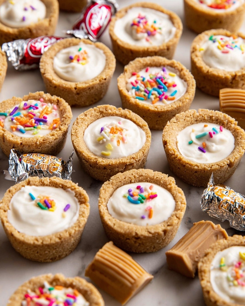 The image shows many small round peanut butter cookie cups arranged on a white marbled surface. Each cookie cup has two layers: a light brown, slightly crumbly outer cookie shell, under which sits a smooth, white filling on top. Some of the white fillings have colorful rainbow sprinkles scattered over them while others are plain. Scattered among the cookie cups are wrapped and unwrapped small round candies with ridged edges. The whole scene appears close up with soft natural light, focusing on the texture of the cookies and the shine of the candy. photo taken with an iphone --ar 4:5 --v 7