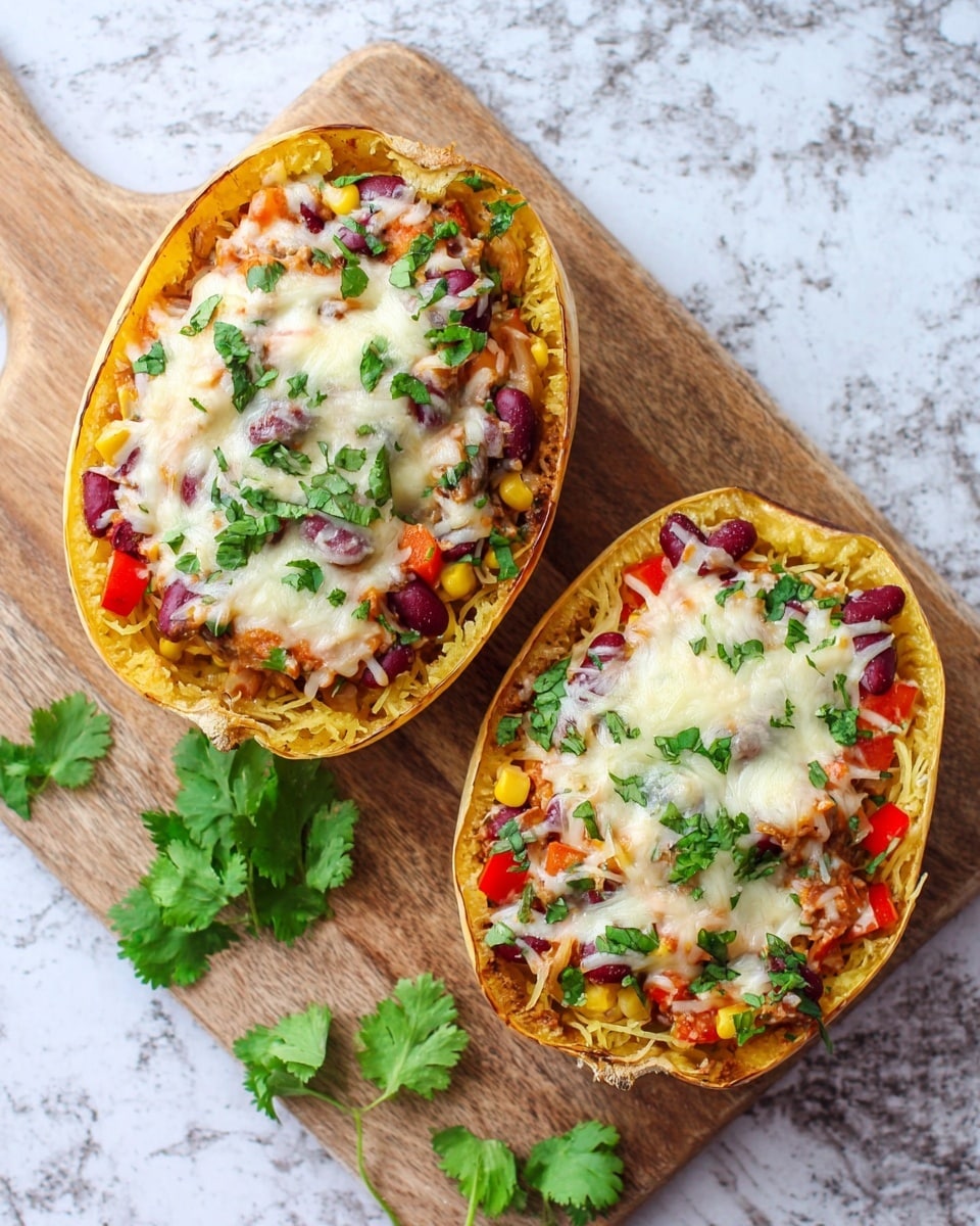 A white plate with a stuffed squash half sits on a white marbled surface. The squash is cut lengthwise and filled with layers starting with a mix of black beans, corn, and red bell pepper pieces. On top, there is a melted layer of light golden cheese sprinkled with chopped fresh green herbs. A gold fork rests on the plate's left side under the squash. Another stuffed squash half is on a wooden board above the plate, and a small white bowl with dark red salsa sits nearby with a couple of fresh green herb sprigs on the marbled surface. Photo taken with an iphone --ar 4:5 --v 7