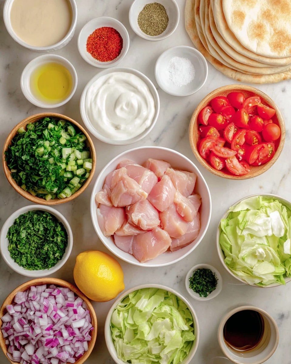 A top view of many small white bowls and wooden bowls arranged neatly on a white marbled surface. In the center, there are smooth pink raw chicken pieces in a white bowl. Surrounding it are chopped green lettuce, finely chopped green celery, diced purple onions, and halved bright red grape tomatoes in white and wooden bowls. There is also a red spice, minced garlic, salt, black pepper, and dried herbs in a white bowl near the top left. A beige bowl contains creamy white yogurt, and another white bowl has a thicker white sauce. A fresh yellow lemon, a small bowl of green herbs, and a dark liquid in a small container are near the bottom. To the right, several round soft pita breads are stacked. The photo is taken with an iphone --ar 4:5 --v 7