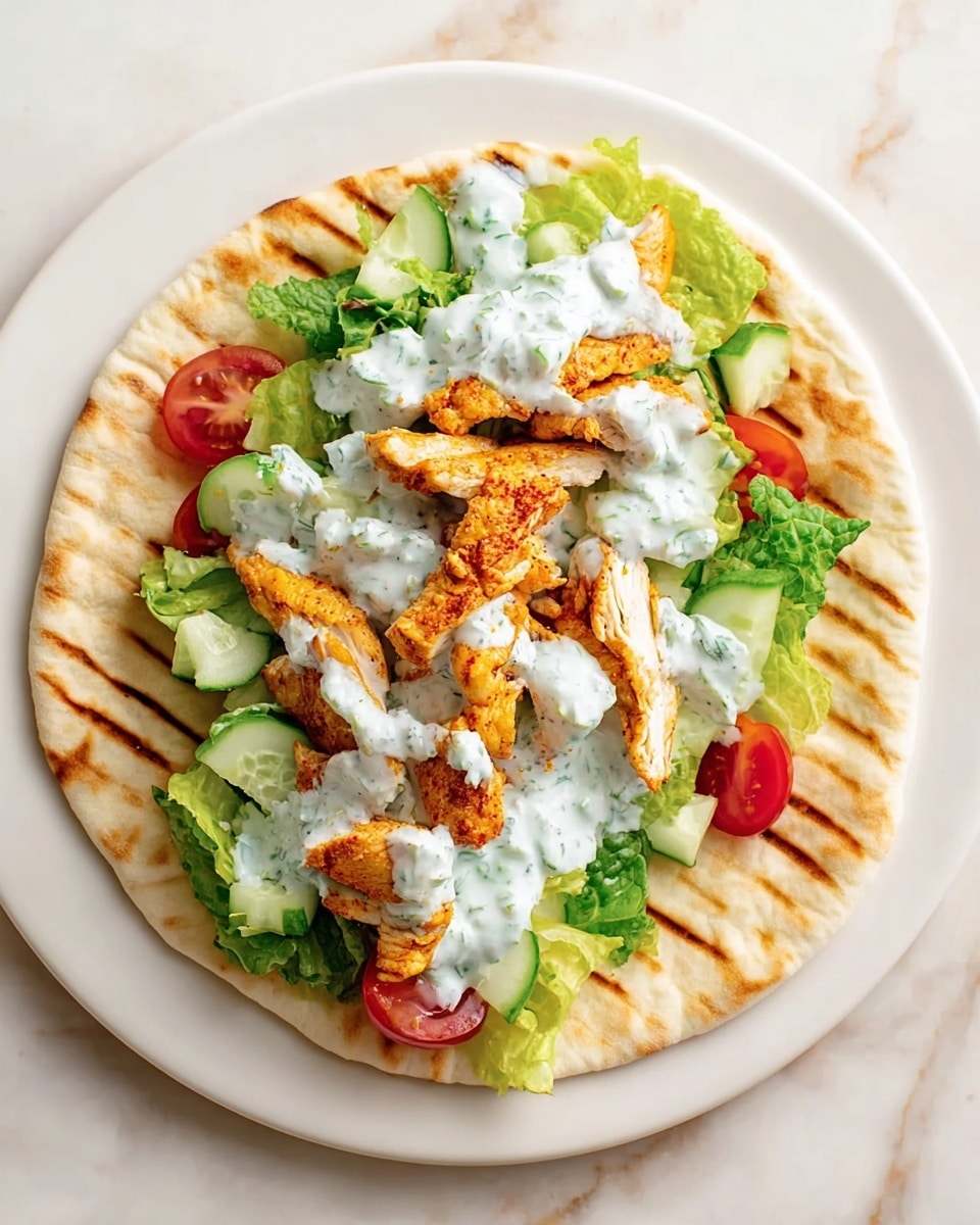 The image shows a flat round pita bread with brown grill marks as the base layer, placed on a white plate over a white marbled surface. On the pita, there is a bed of green lettuce leaves with small red cherry tomato halves and light green cucumber pieces scattered on top. Next, there are pieces of cooked golden brown chicken strips arranged in the center. Finally, the chicken is topped with a thick white sauce mixed with green herbs, spread unevenly along the chicken pieces. Photo taken with an iphone --ar 4:5 --v 7