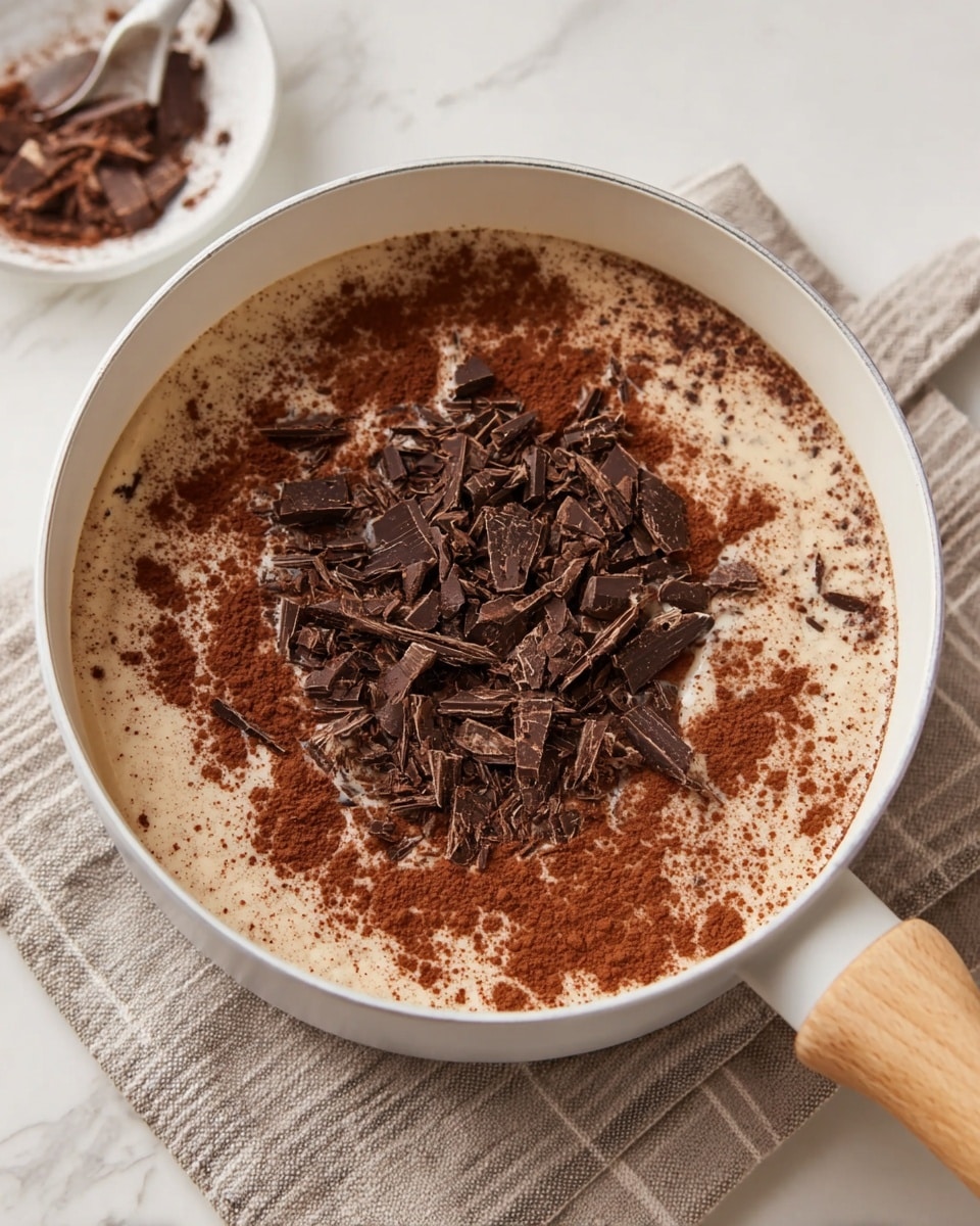 Inside a white pot with a light wooden handle, there are three visible layers. The bottom layer is a creamy light beige liquid, which is mostly covered by a thin layer of reddish-brown cocoa powder that is unevenly scattered. On top of this, there is a pile of dark chocolate pieces, roughly chopped and clustered together in the center. The pot sits on a beige and white striped cloth, all placed on a white marbled surface. Photo taken with an iphone --ar 4:5 --v 7