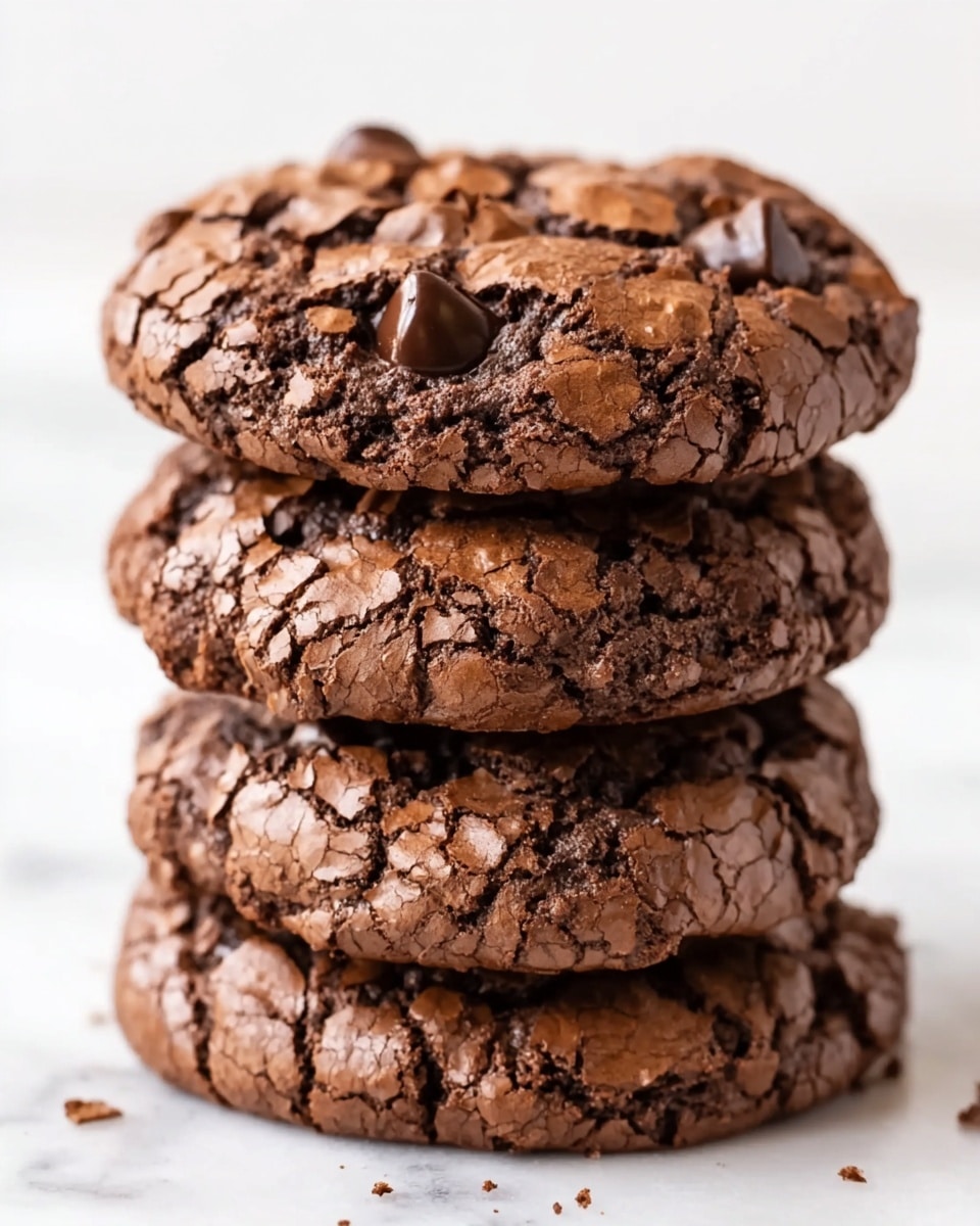 The image shows a stack of four chocolate chip cookies on a white plate. The cookies are thick with a cracked, slightly rough texture. Their color is a rich dark brown with lighter brown areas where the surface has cracked. Small chocolate pieces are visible, embedded in the cookies. The plate sits on a white marbled surface that is blurred in the background. The focus is close on the cookies, emphasizing their soft and chewy look. photo taken with an iphone --ar 4:5 --v 7