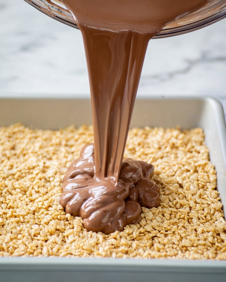 The image shows a close-up of a thick, milk chocolate mixture being poured from a glass bowl onto a layer of crispy golden rice cereal in a rectangular white pan. The chocolate is smooth and shiny, flowing in thick ribbons that start to spread and cover the textured rice cereal base beneath. The background surface has a white marbled texture, adding a clean and bright contrast to the warm colors of the dessert layers. photo taken with an iphone --ar 4:5 --v 7